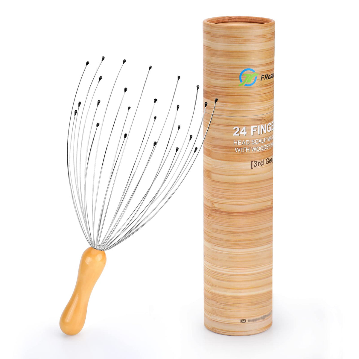 Freatech 24 Fingers Head Massager Scalp Scratcher, Wooden Handle