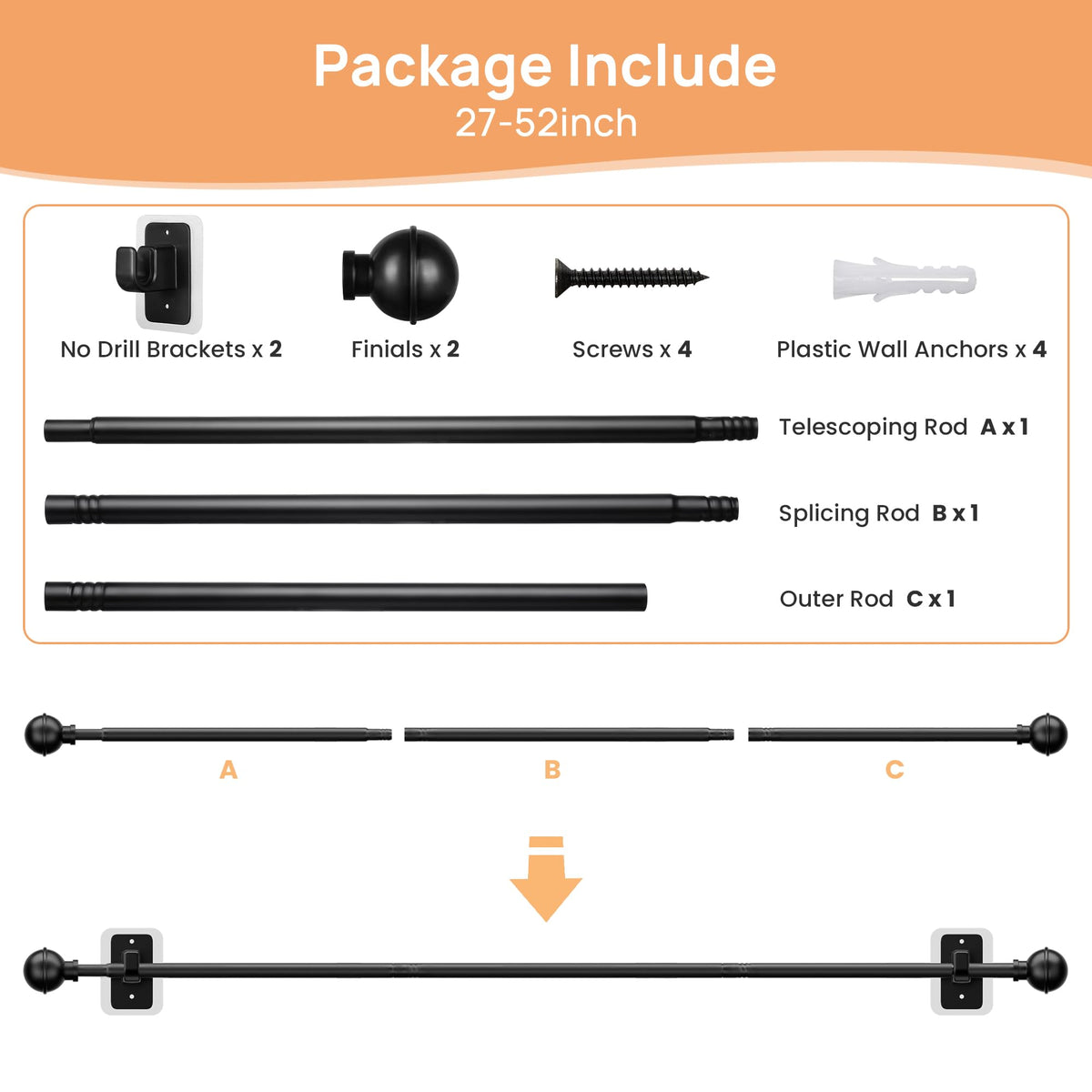 upsimples No Drill Curtain Rod, 28-48", Black