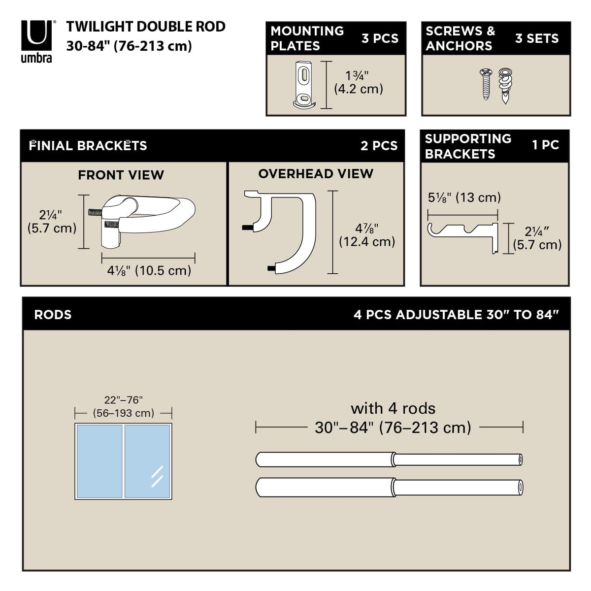 Umbra Twilight Double Curtain Rod Set, 30 to 84 Inches, Black