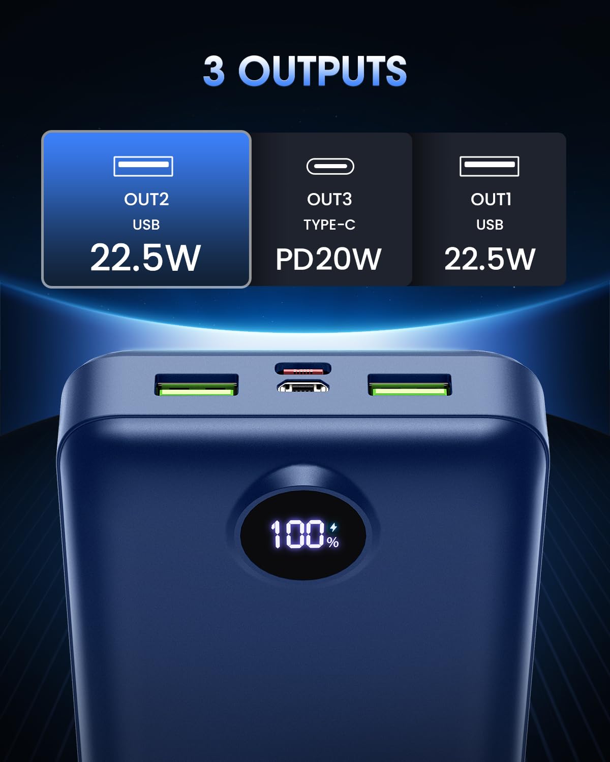 Power Bank, 50000mAh, 22.5W, 3 Outputs, 2 Inputs, LED Display