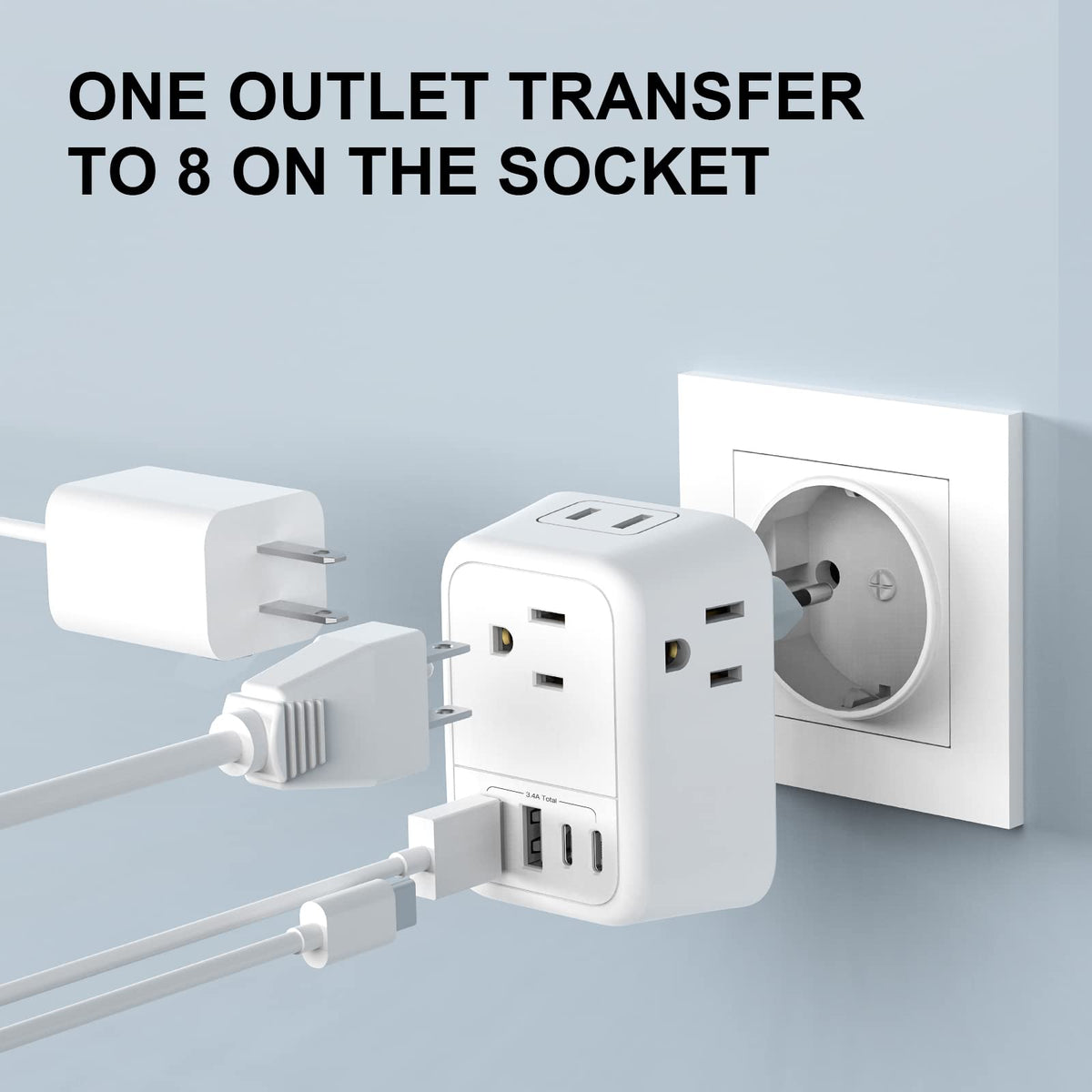 VYLEE Travel Plug Adapter, 4 AC Outlets, 4 USB Ports, Type C, 1 Pack