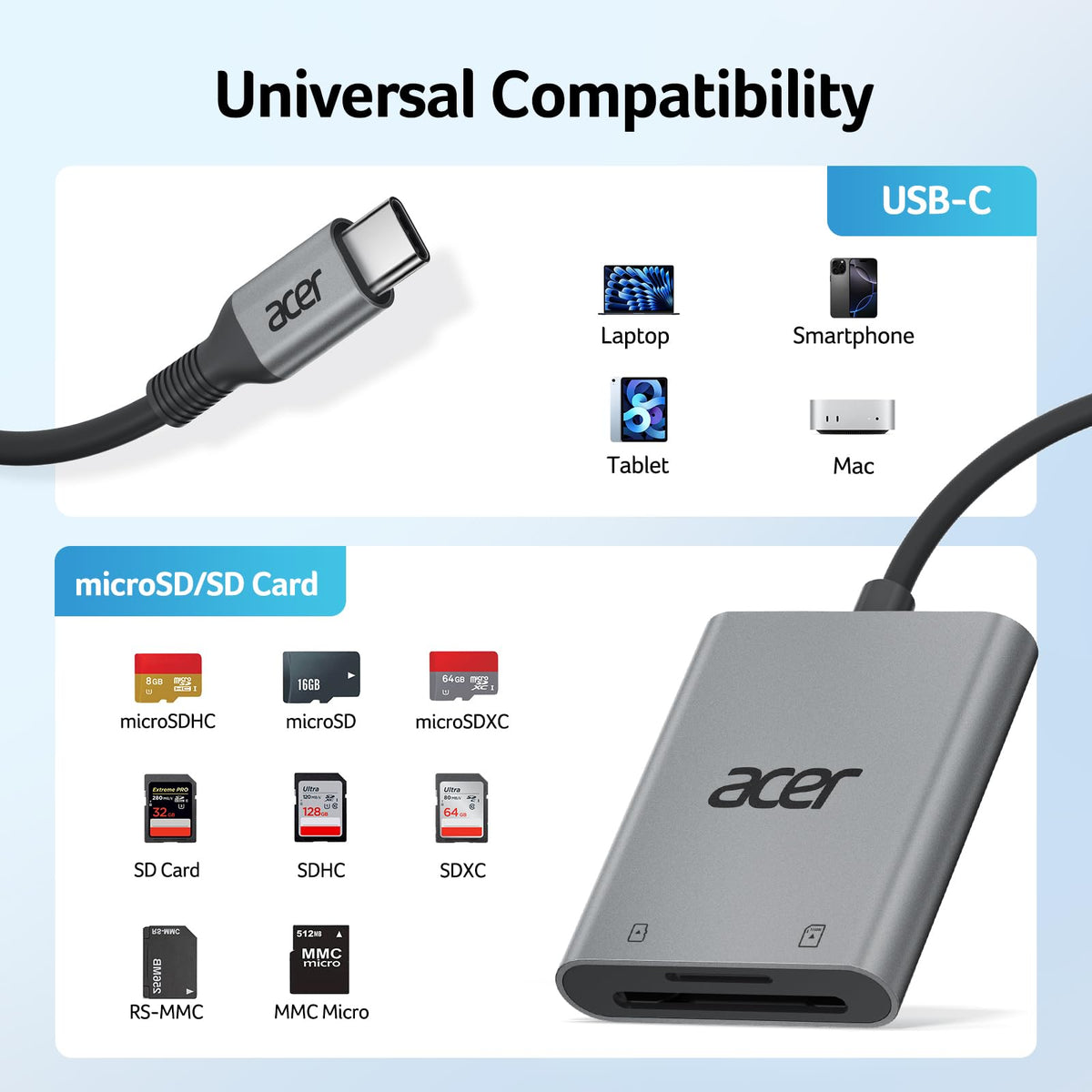 Acer USB C SD and Micro SD Card Reader, Durable Nylon