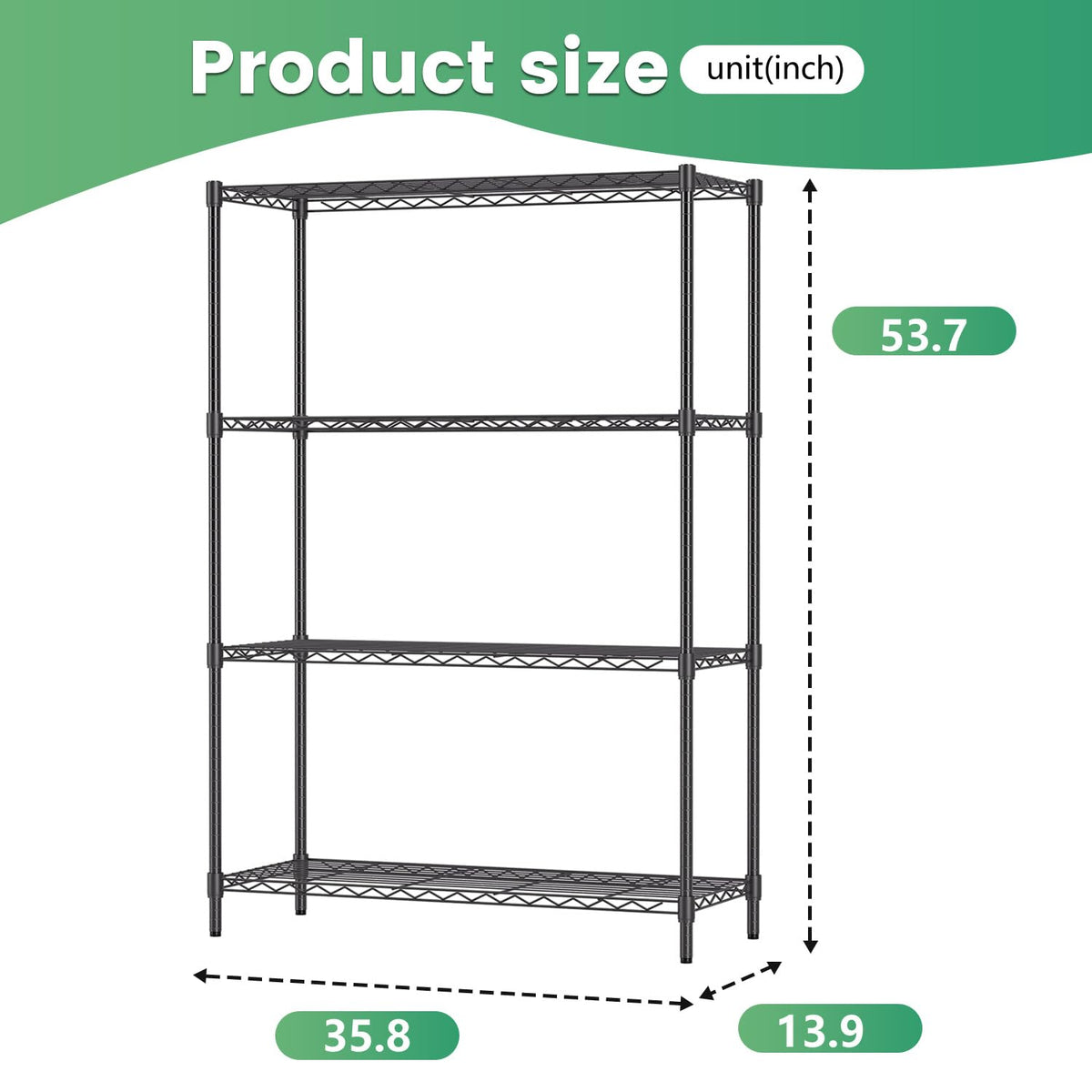 FDW Wire Storage Shelving Unit, Black, 36" x 14" x 54"