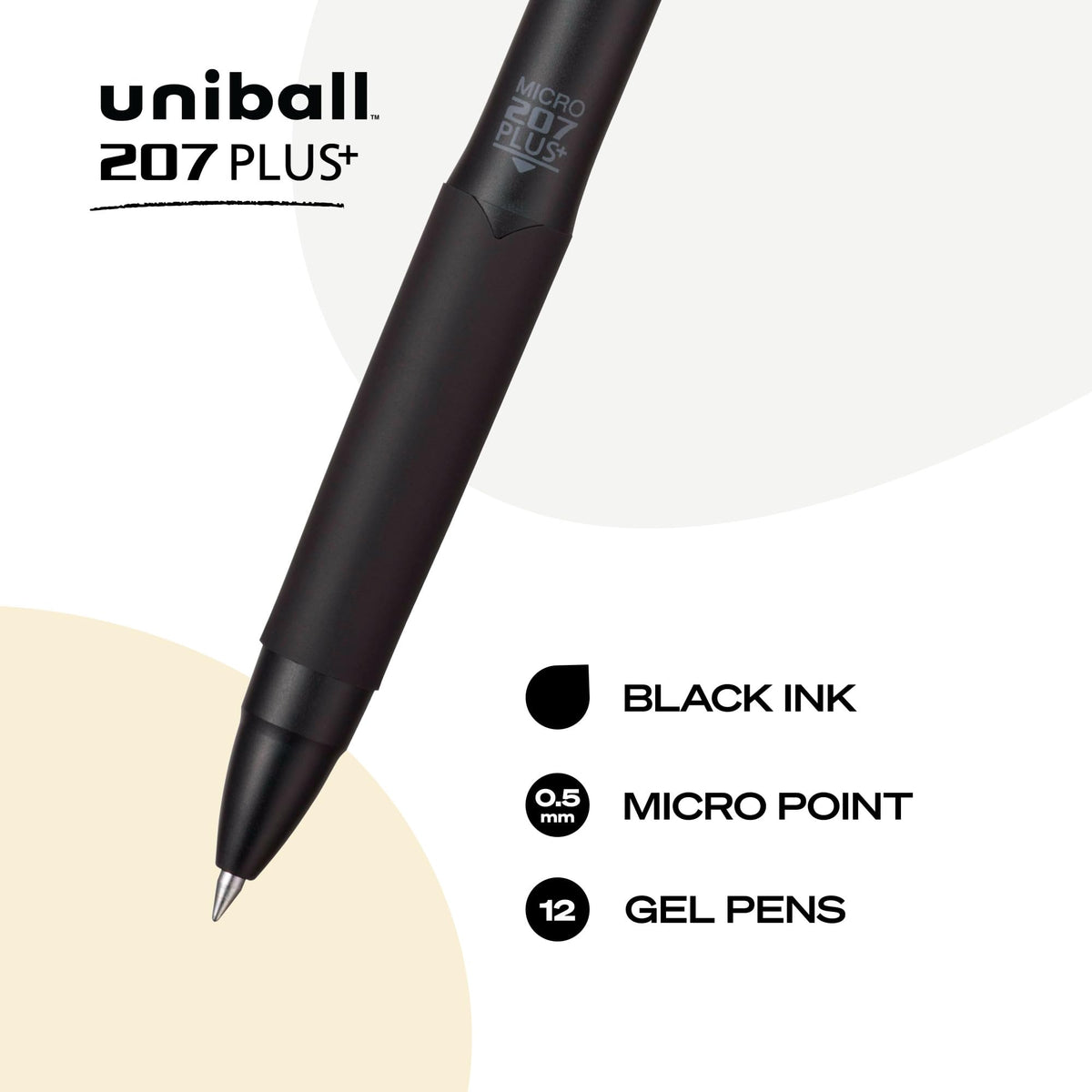 Uniball 207 Plus+ Retractable Gel Pens, 0.5 mm, Black, 12 Pack