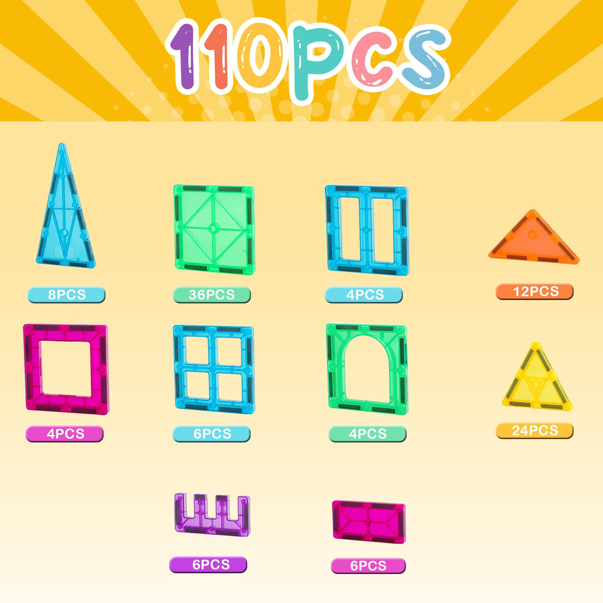 FNJO Magnetic Tiles Building Set, 110 Pieces