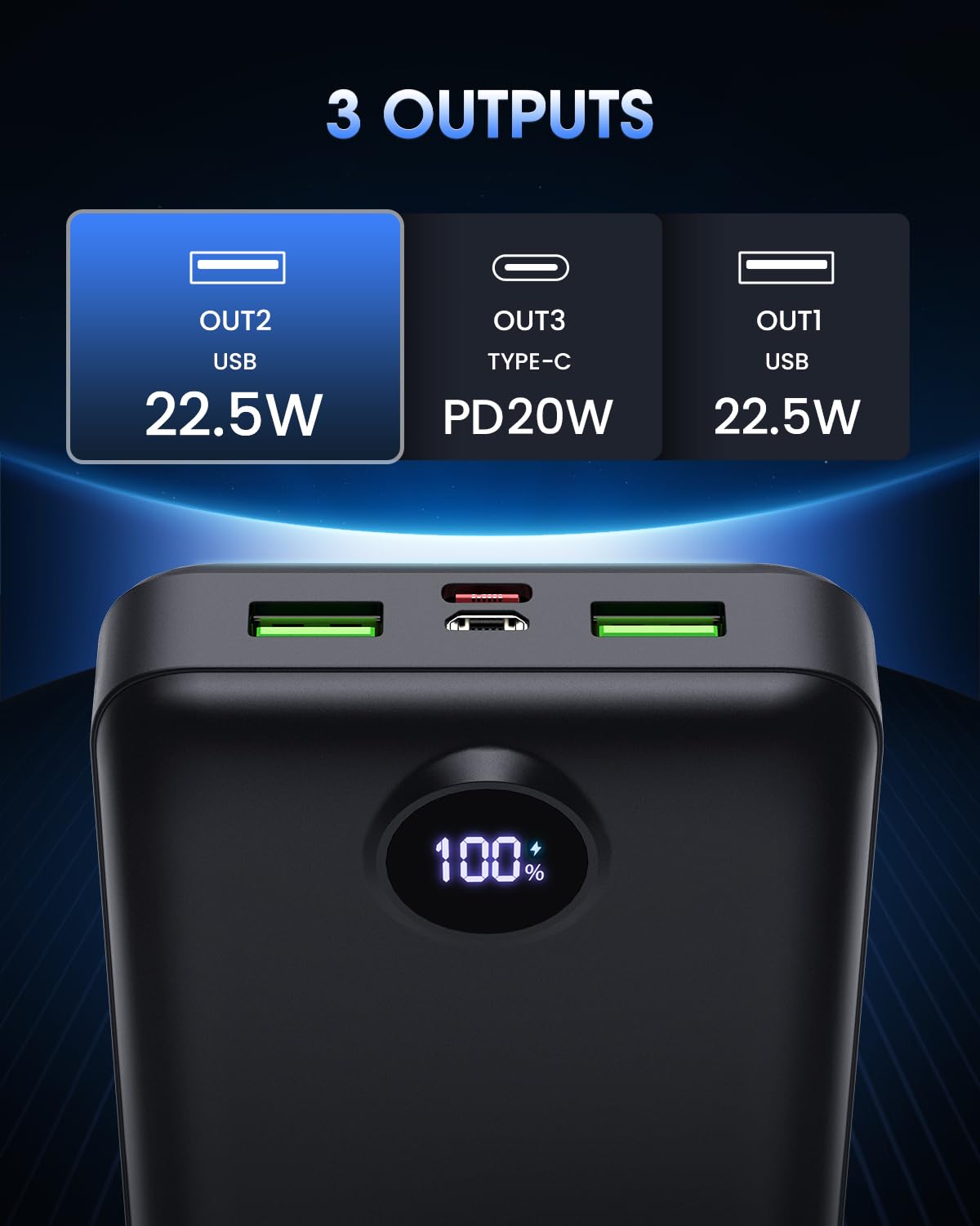 Power Bank, 50000mAh, 22.5W, 3 Outputs, LED Display
