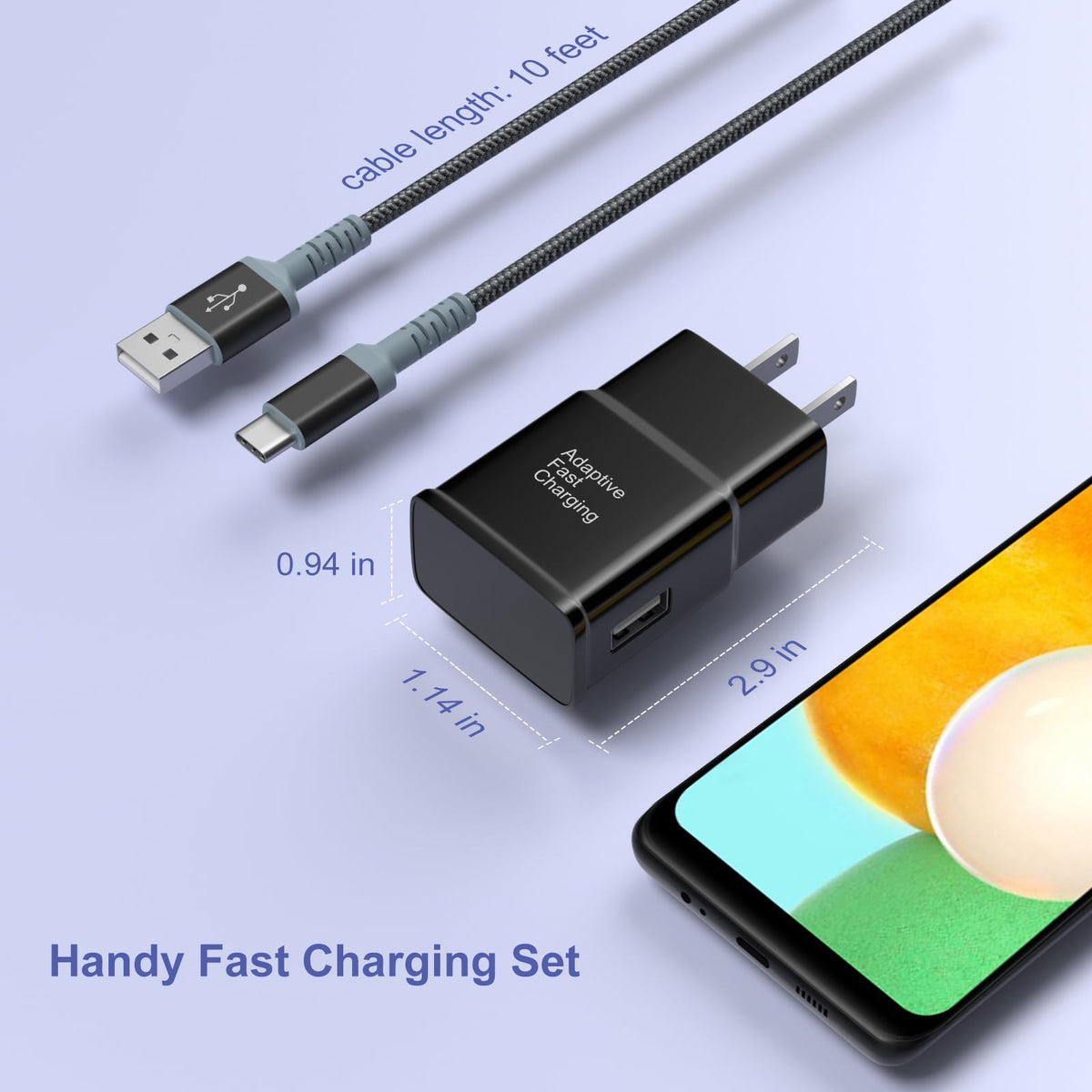 Excgood Fast Charger and USB-C Cable for Galaxy, 10ft, Black, 2 Pack