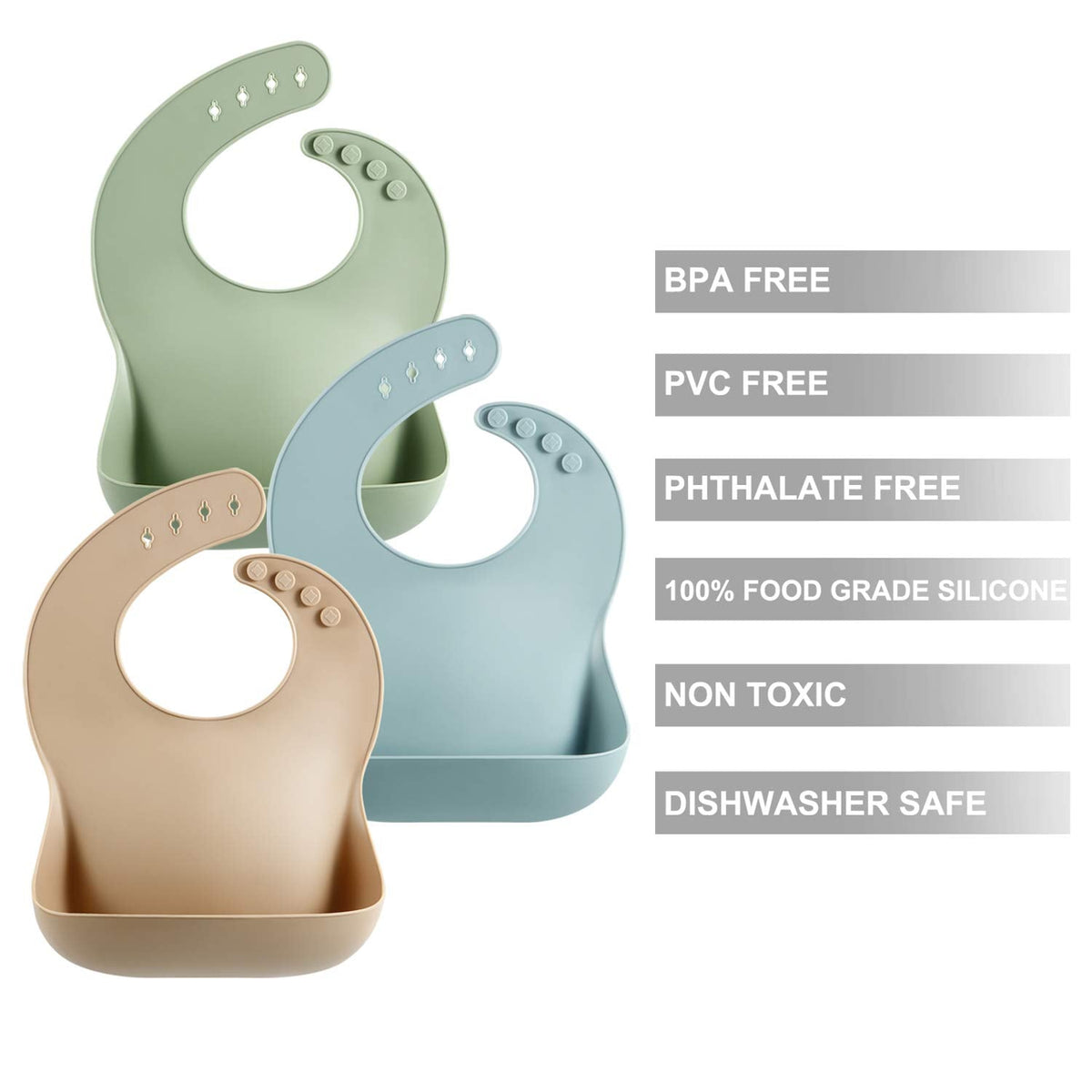 PandaEar Silicone Baby Bibs, Brown/Blue/Green (3 Pack)