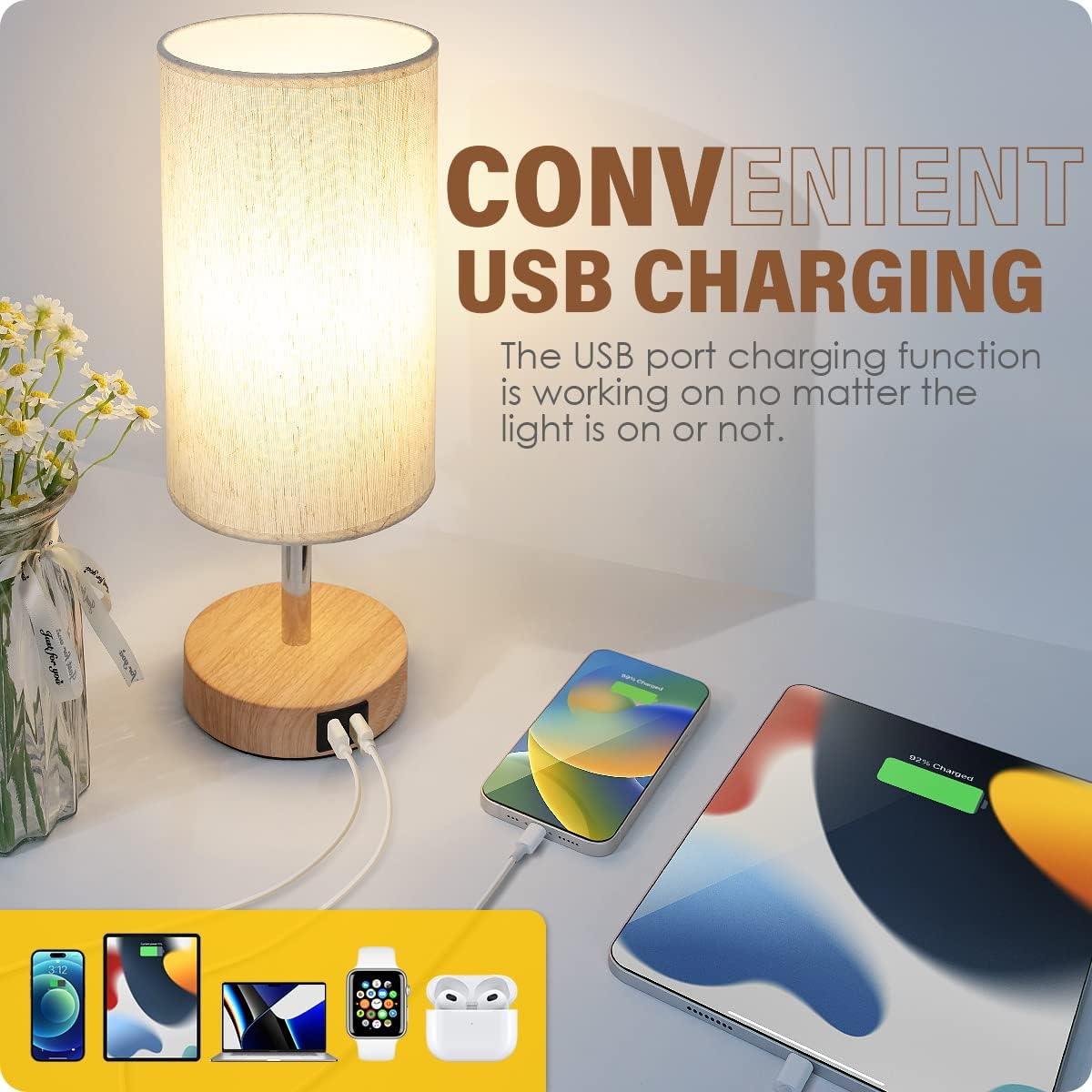 Yarra-Decor Touch Control Wood Bedside Lamp with USB Port
