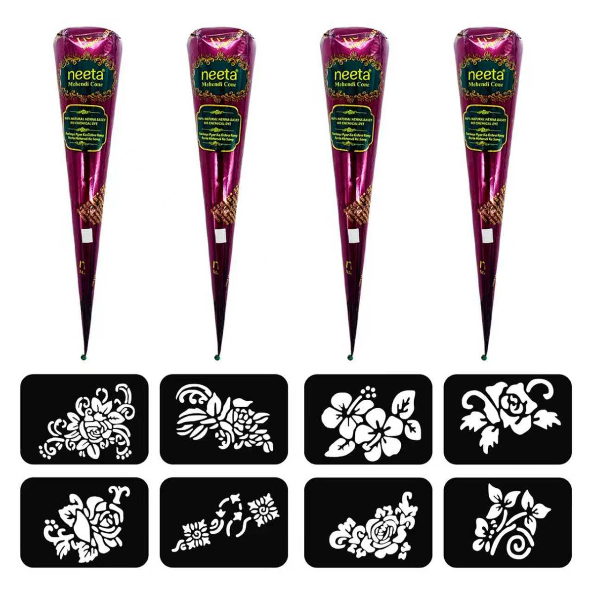 Natural Henna Paste Cones with 8 Stencils, Reddish Brown (4 Pack)