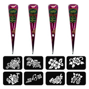 Natural Henna Paste Cones with 8 Stencils, Reddish Brown (4 Pack)