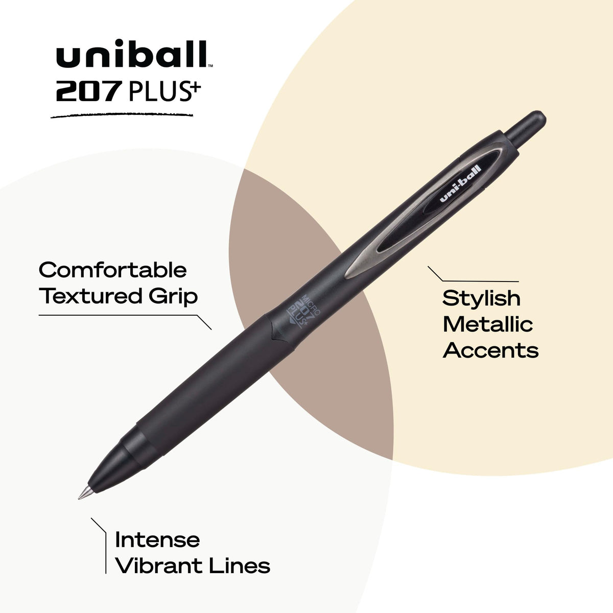 Uniball 207 Plus+ Retractable Gel Pens, 0.5 mm, Black, 12 Pack