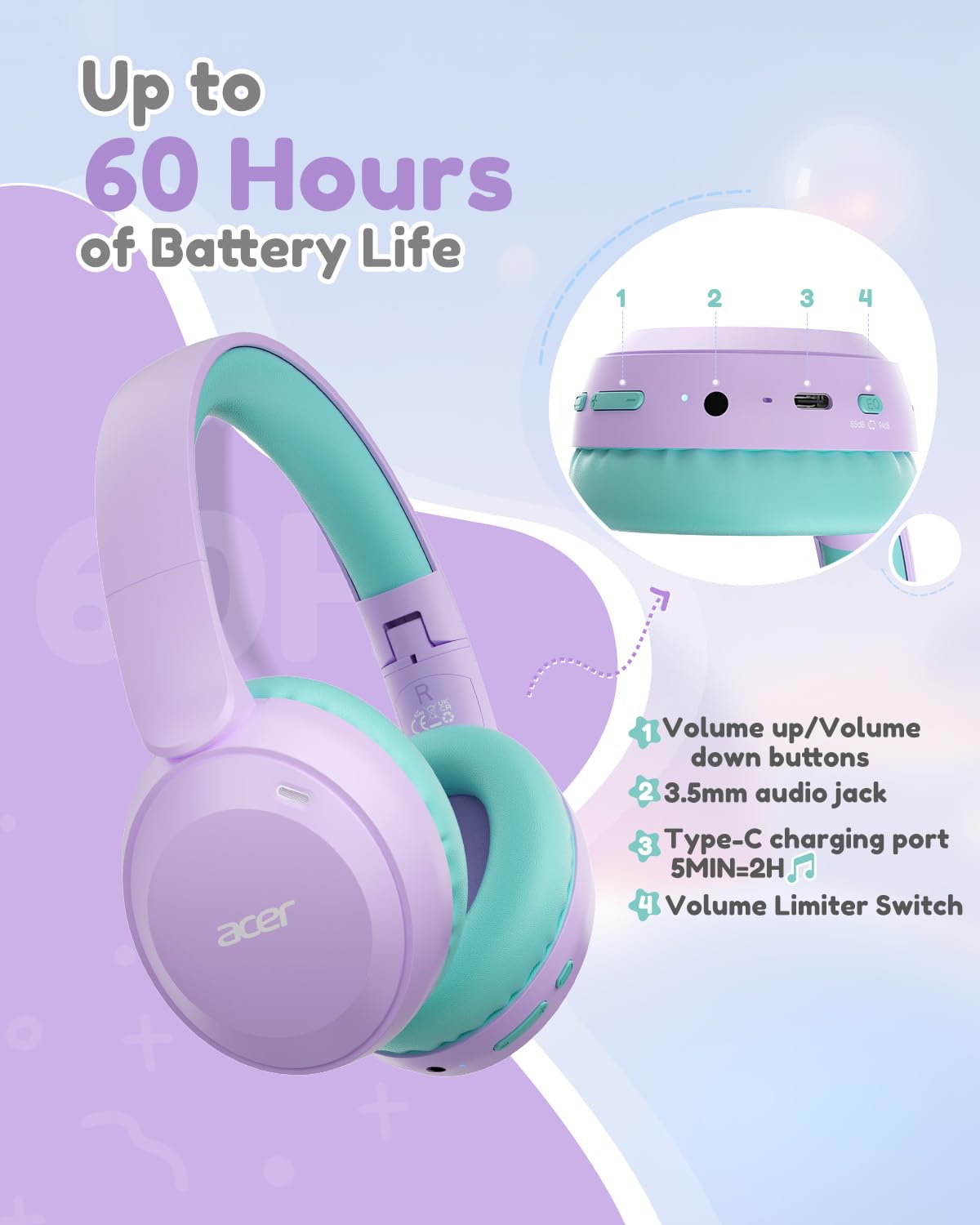 Acer OHR668 Kids' Bluetooth Headphones, Purple Green
