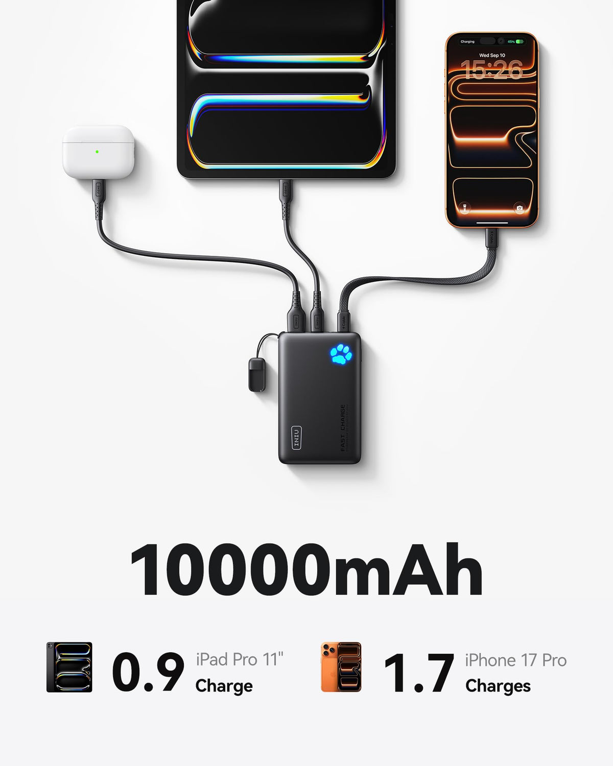 Iniu Compact Power Bank, 10000mAh, 45W, Detachable USB-C Cable