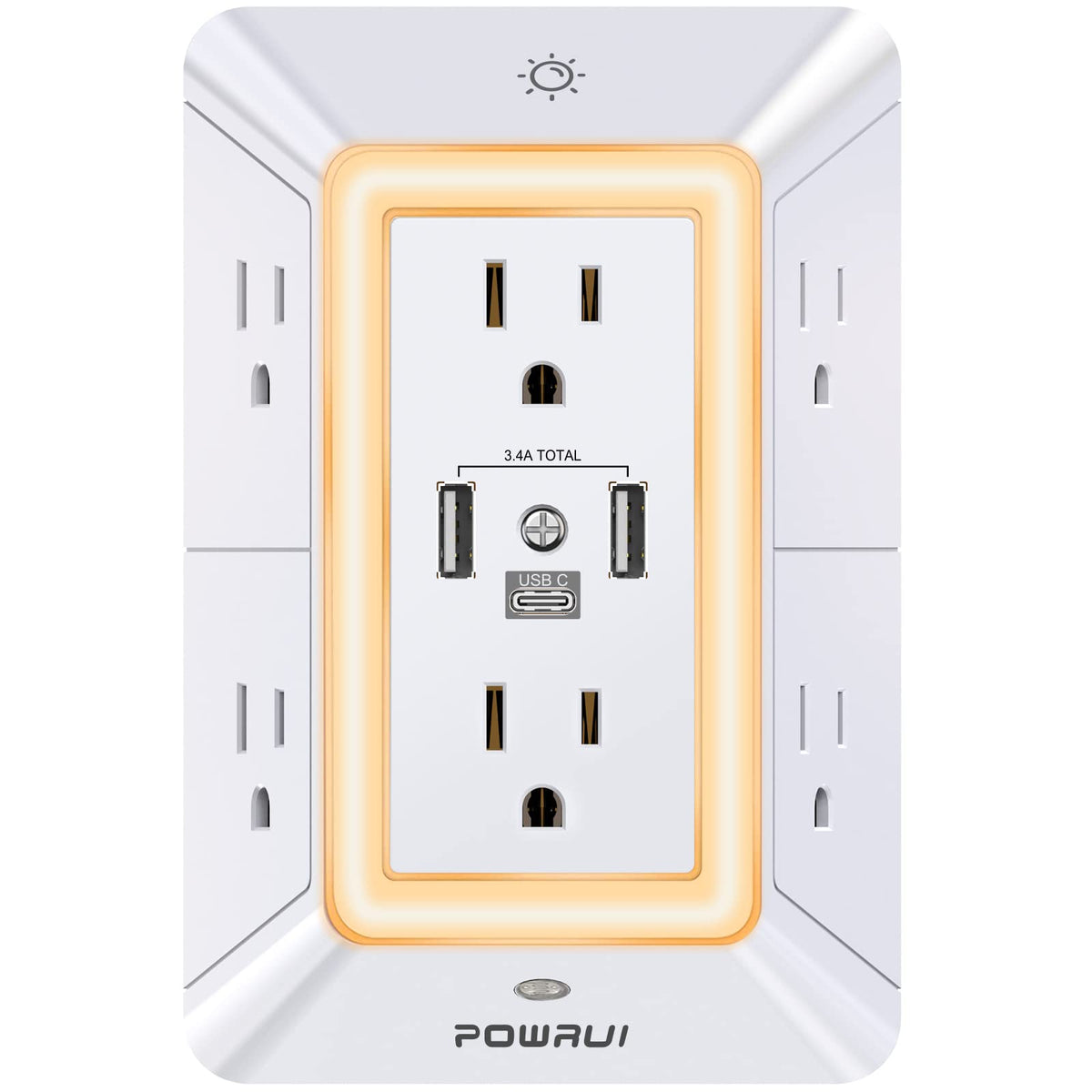 Powrui 3-Sided Power Bar, 6-Outlet, 3 USB Ports, Night Light, White