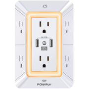 Powrui 3-Sided Power Bar, 6-Outlet, 3 USB Ports, Night Light, White