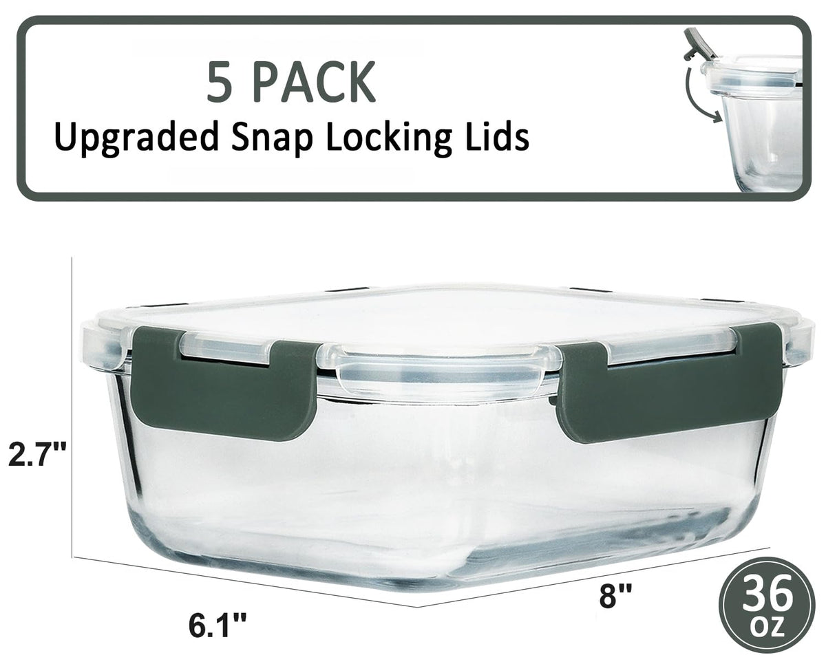 MCIRCO Glass Meal Prep Containers with Snap Lids, 36 Oz, 5 Pack