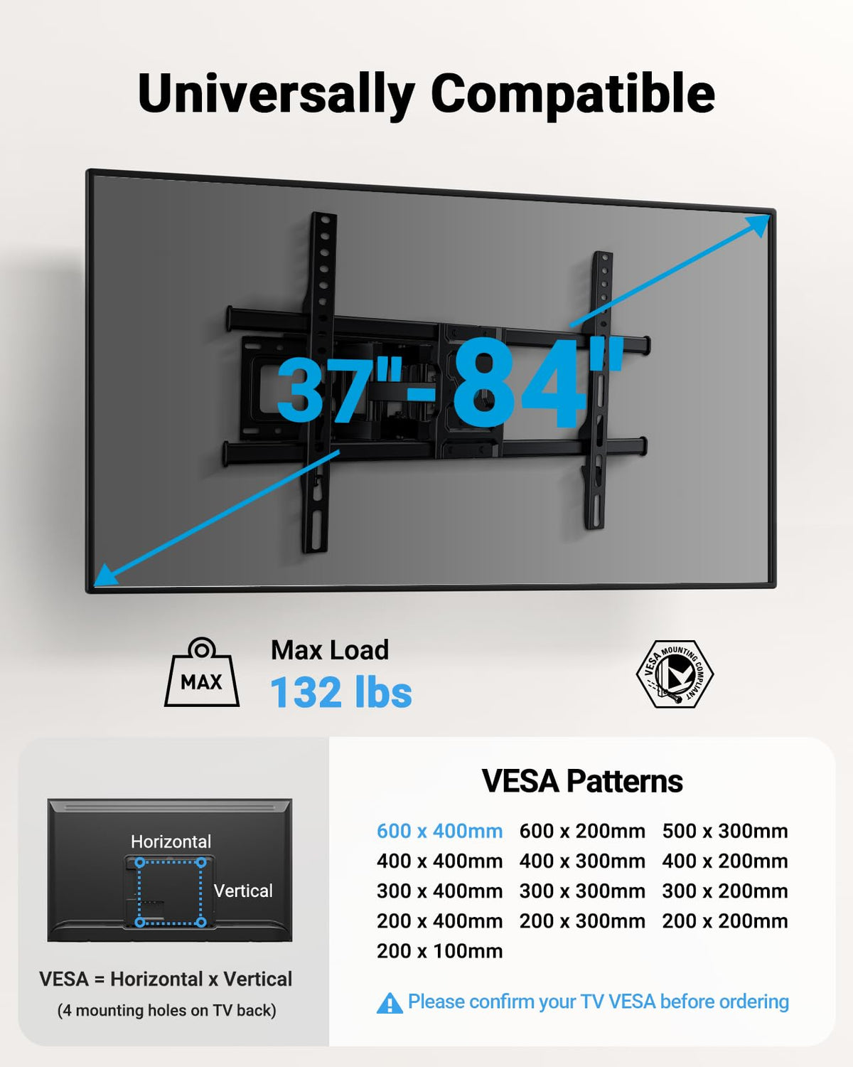 Pipishell Full Motion TV Wall Mount for 37-84 in TVs, 132 lb