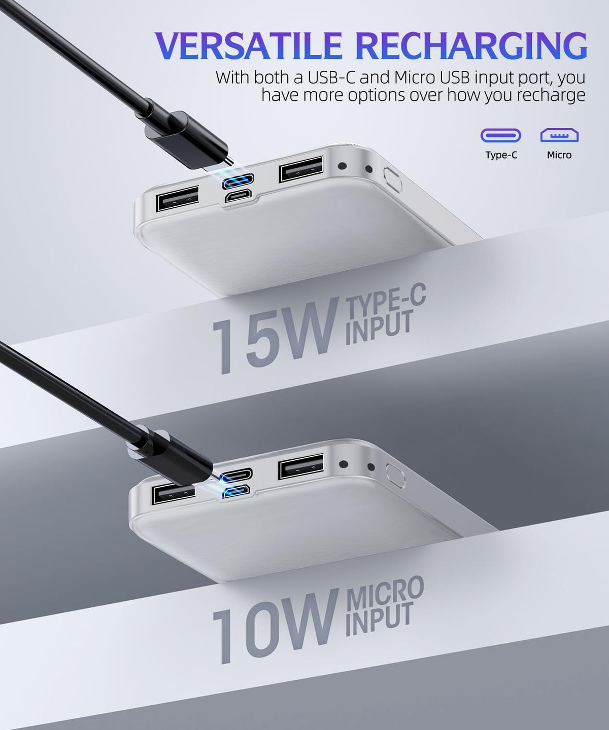 Portable Power Bank, 15000mAh Dual USB, Deep Black and White, 2 Pack