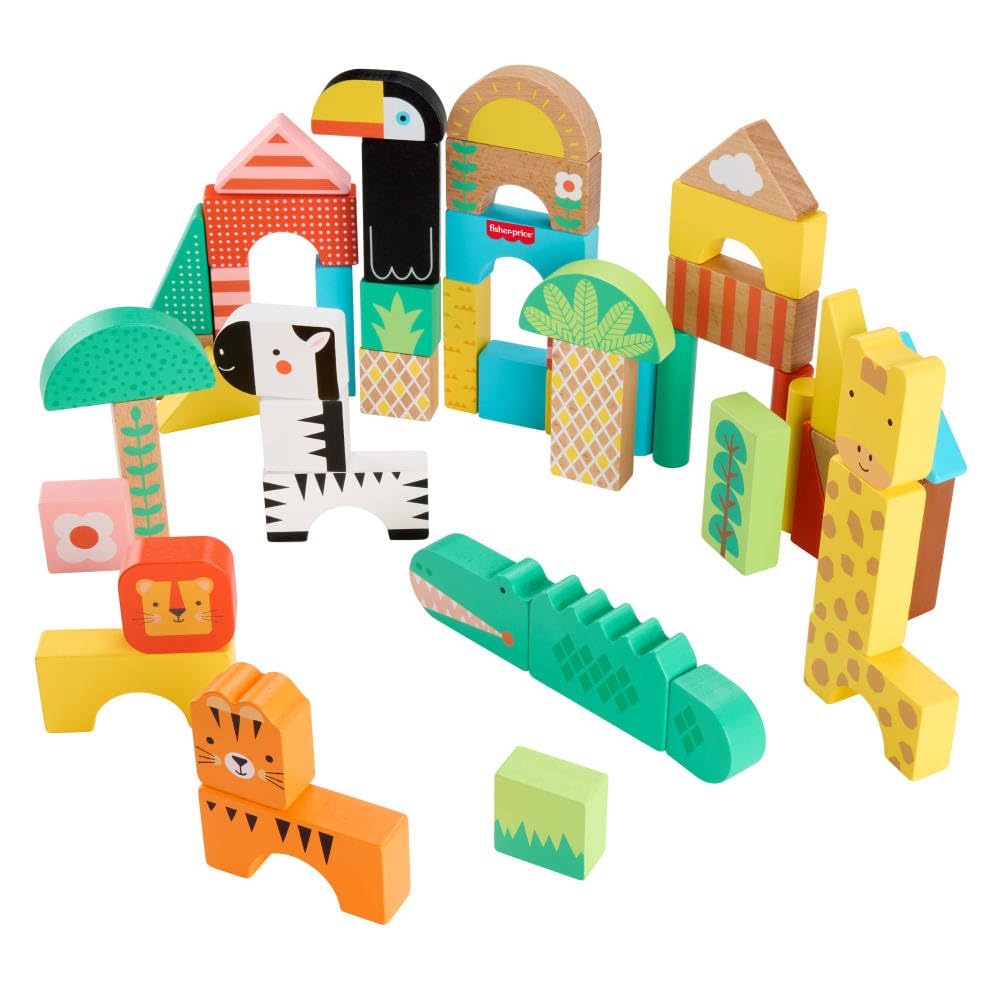 Fisher-Price Wooden Jungle Blocks, 50-Piece Building Set