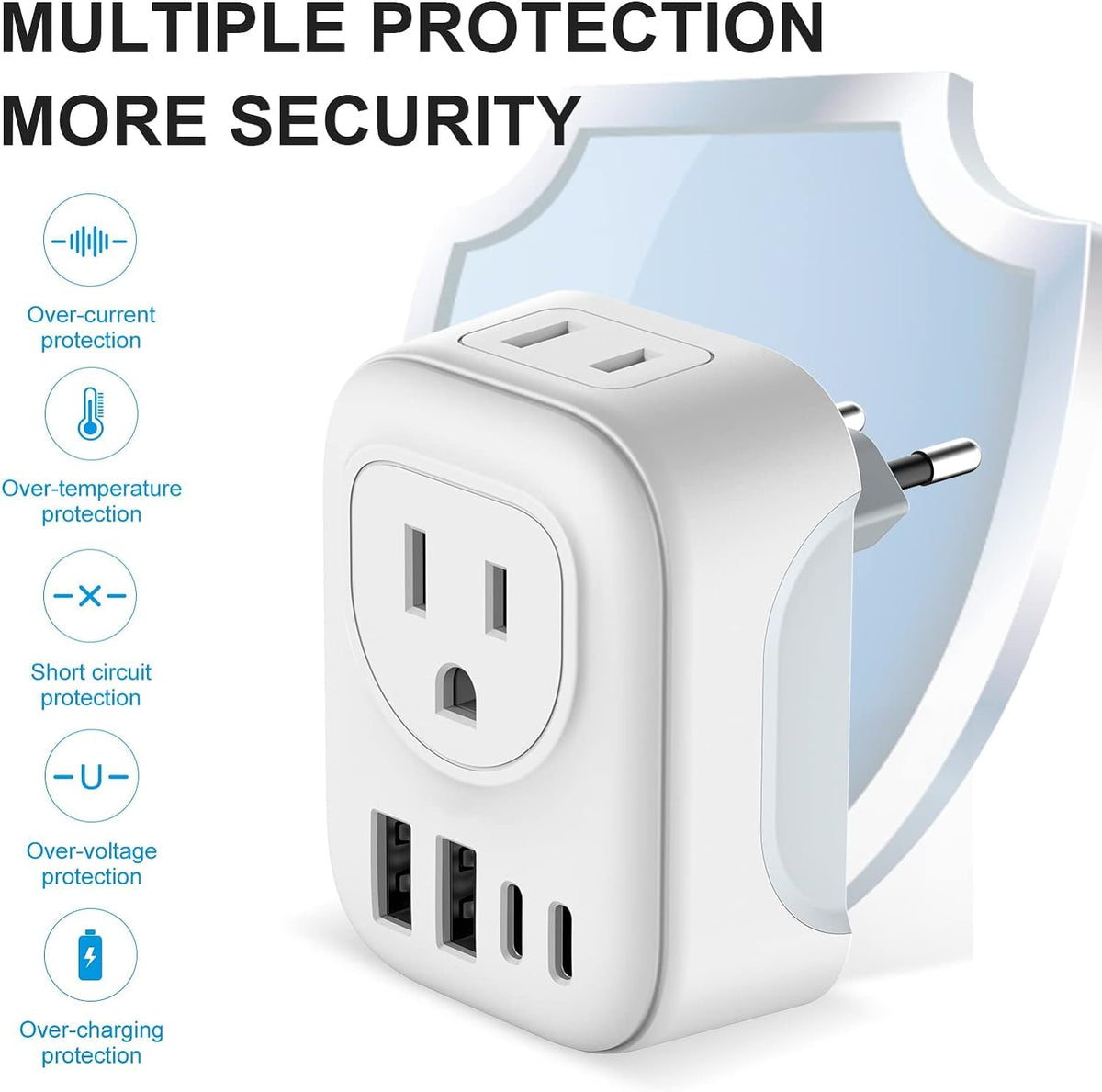 Vylee European Travel Plug Adapter, 2 Pack, 2 Outlets, 4 USB Ports