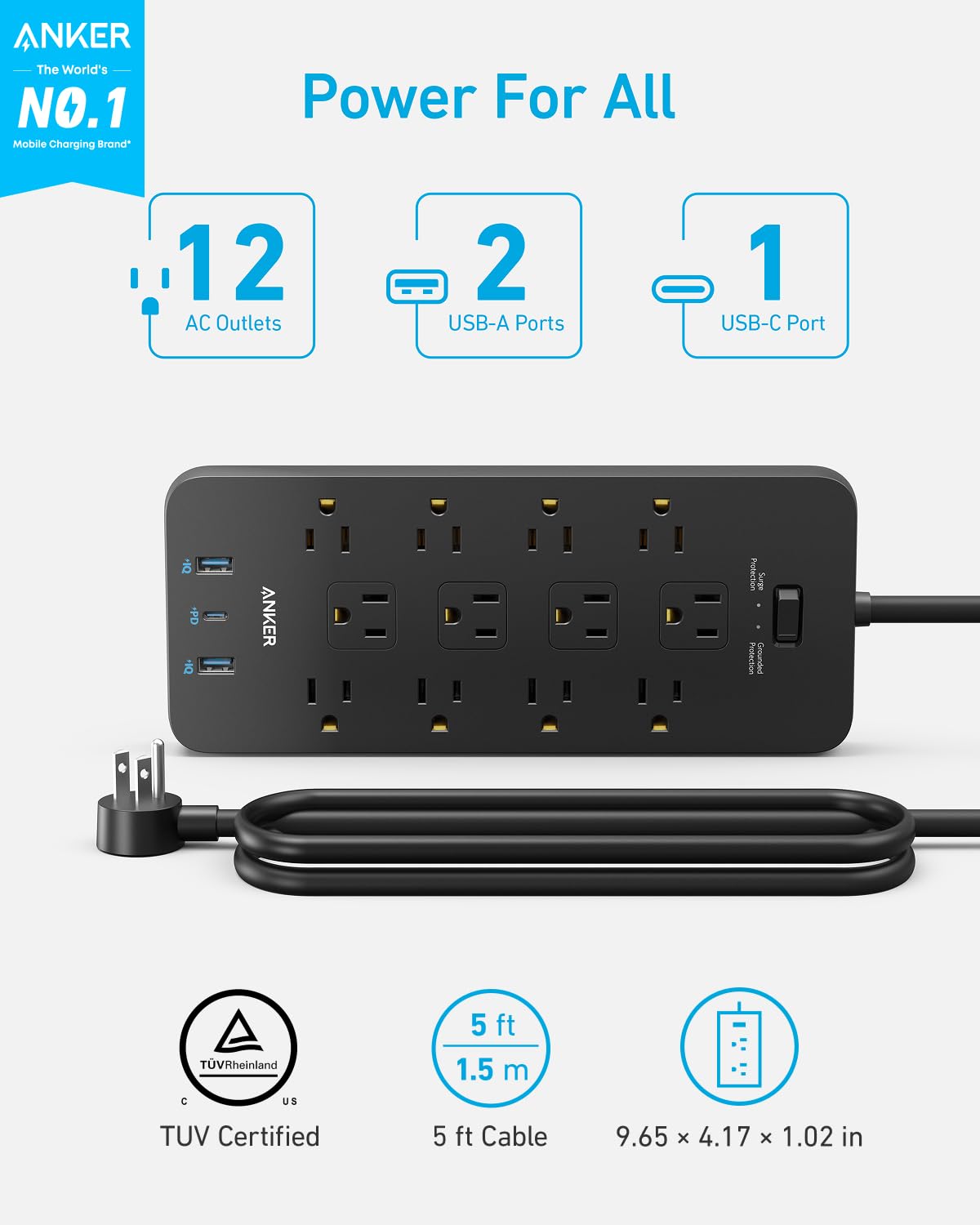 Anker 12-Outlet Surge Protector Power Strip with USB, 2100J, 5 ft