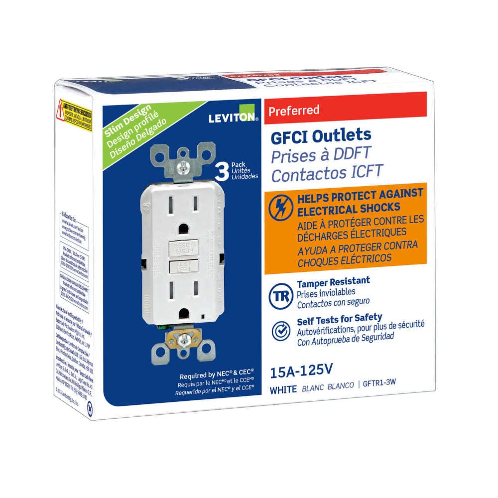 Leviton Tamper-Resistant GFCI Outlets, 15 Amp, White, 3-Pack