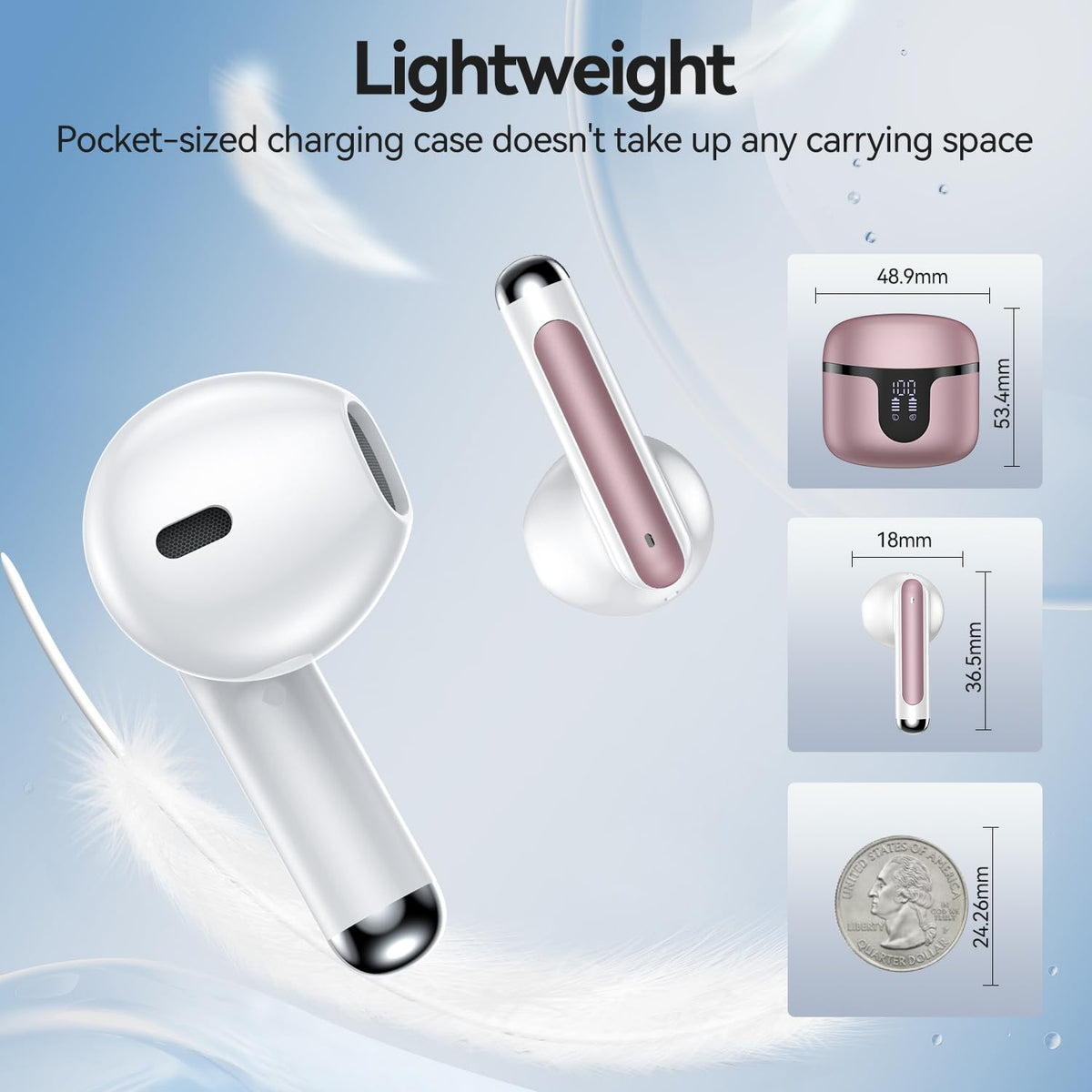 Bluetooth 5.4 Wireless Earbuds with ENC Mics, Rose Gold