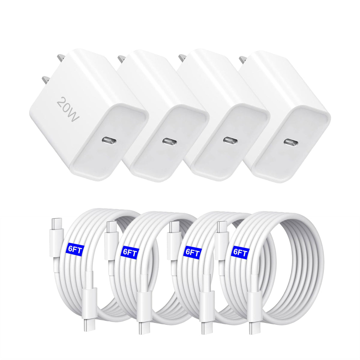 20W USB C Charging Block with 6FT USB-C Cable for iPhone, 4 Pack