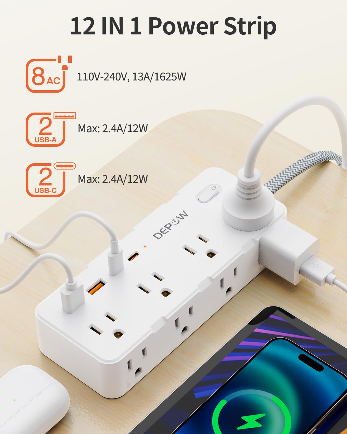 Depow Power Bar Surge Protector with 5 ft Braided Flat Extension Cord