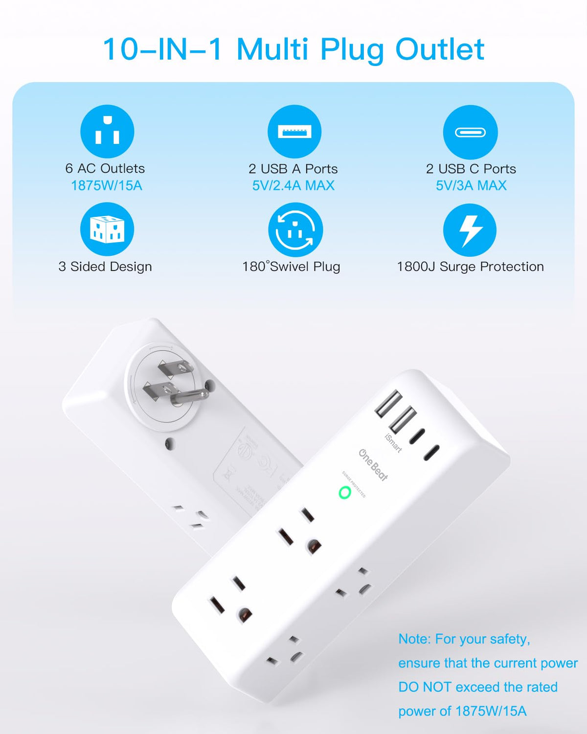One Beat Surge Protector Outlet Extender, 6 Outlets, 4 USB