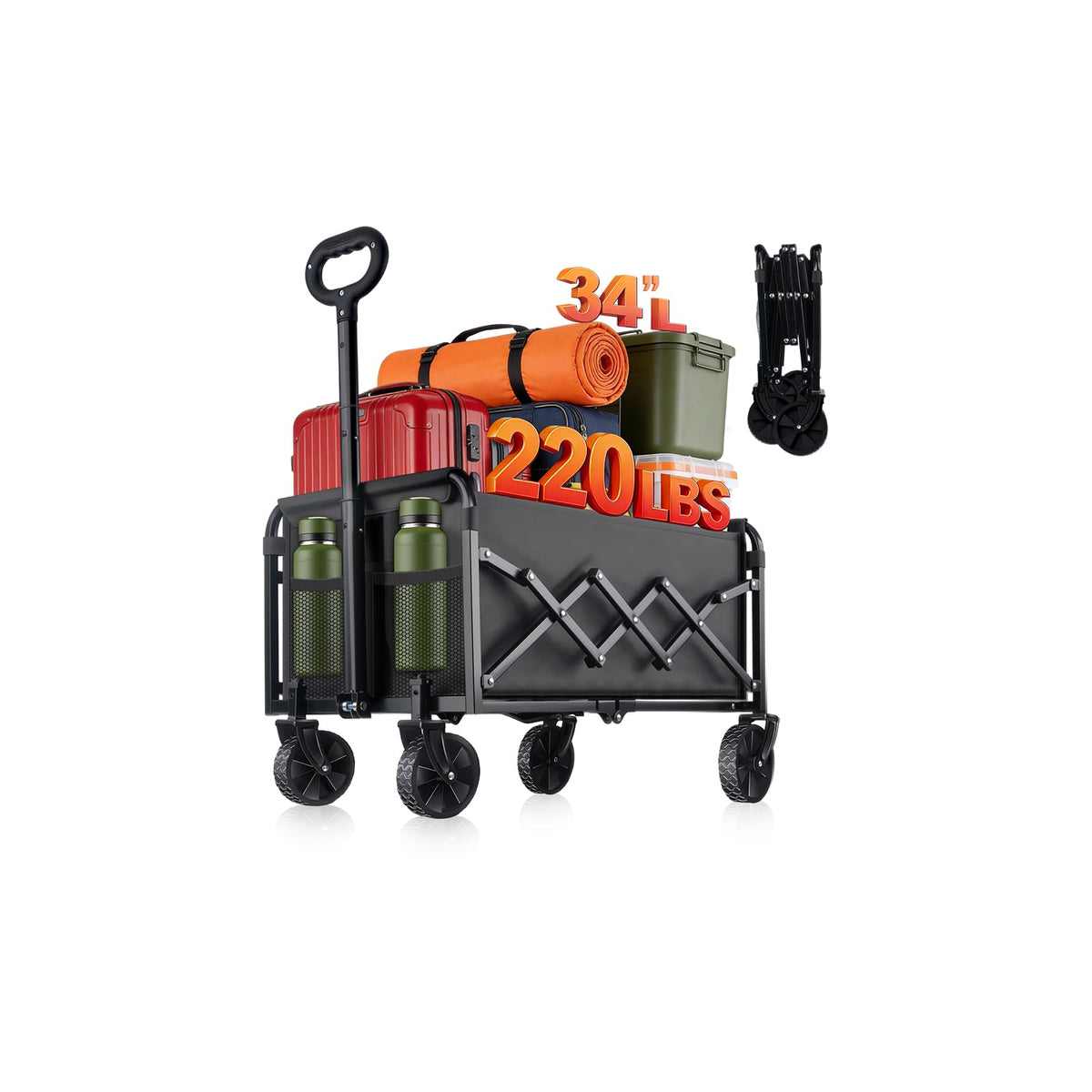 Collapsible Folding Wagon Cart, 220 lb Capacity, Black