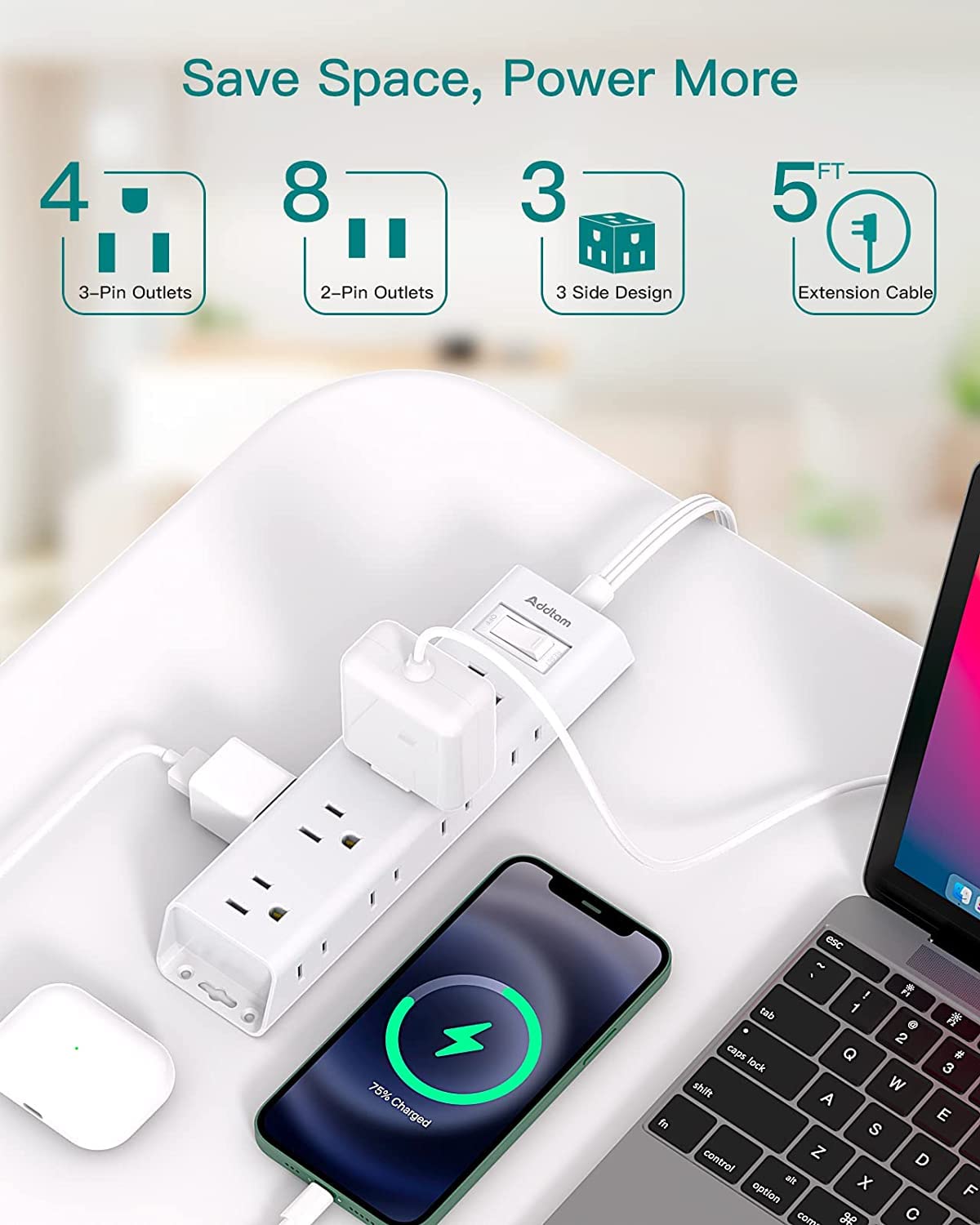 Addtam Flat Plug Power Bar, 12 Outlets, 1050J, 5 ft
