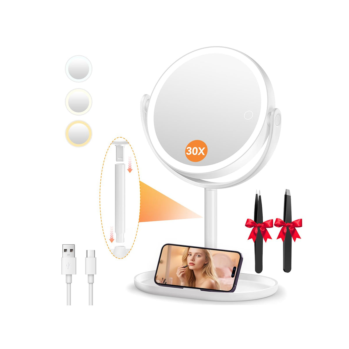 Auxmir Lighted Magnifying Makeup Mirror, 30X/1X, Rechargeable