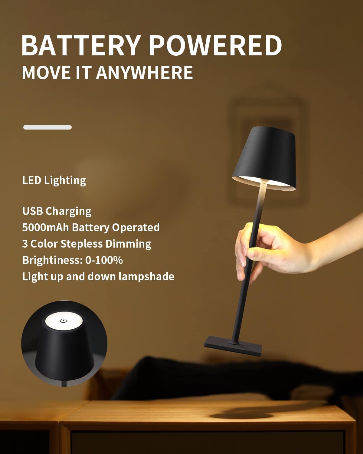 Ophouliy Cordless Rechargeable LED Table Lamps, Black (2 Pack)