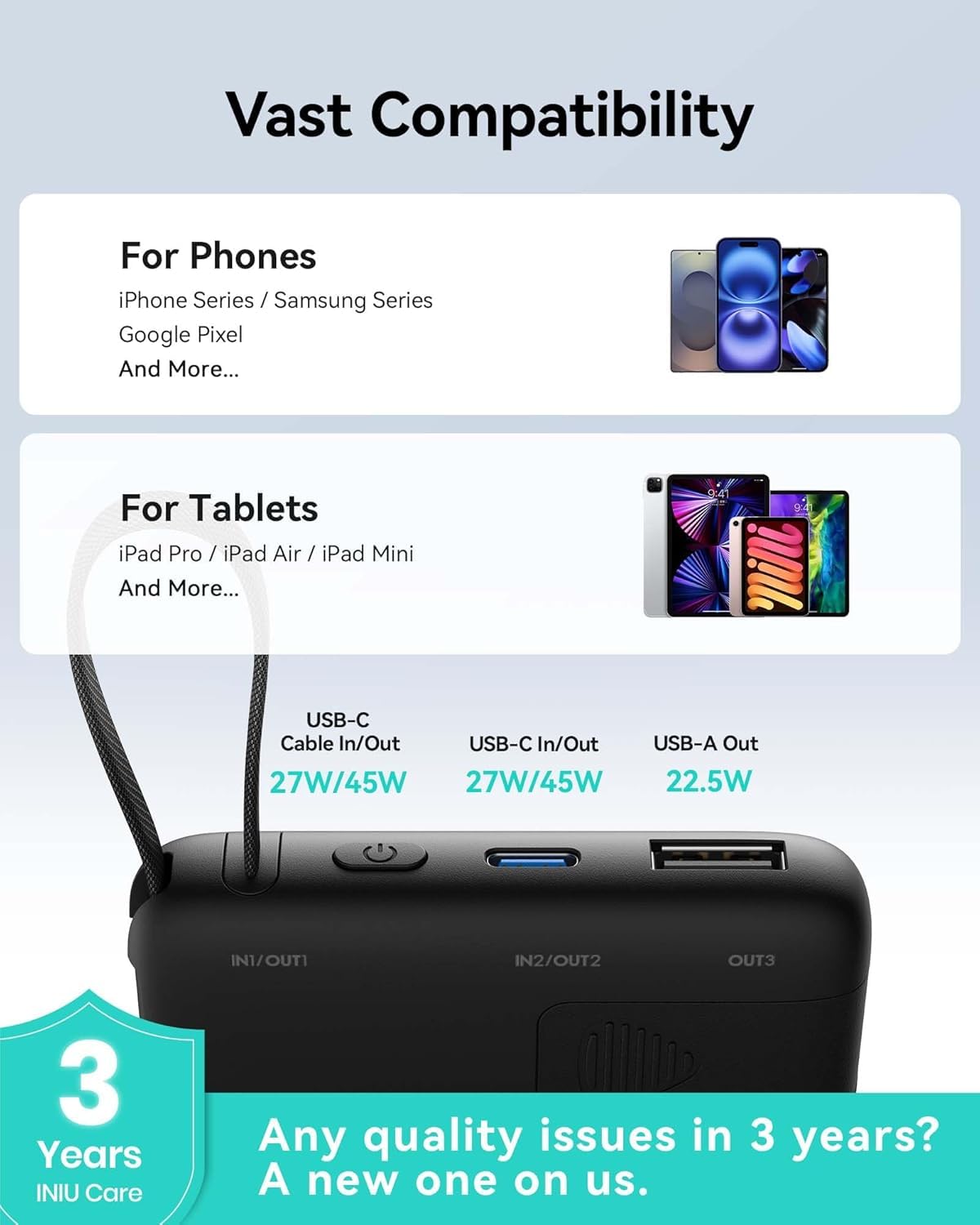 INIU 45W Slim Power Bank with Built-in USB C Cable, 10000mAh