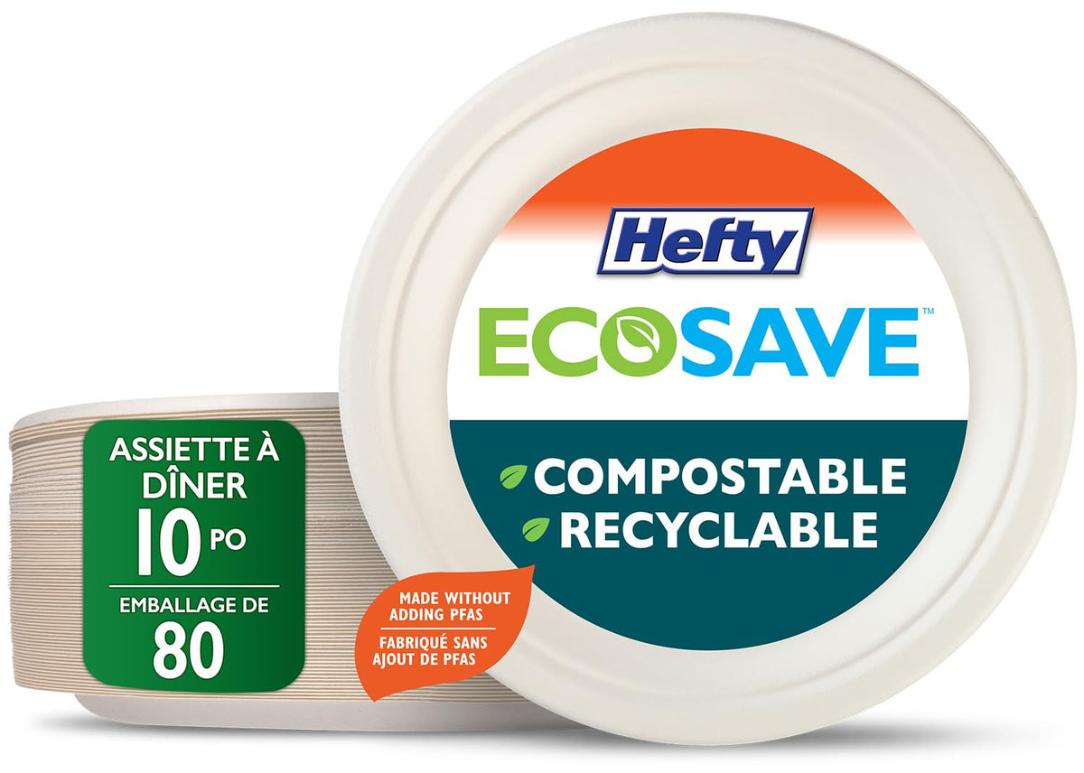 Hefty Ecosave Compostable Paper Plates, 10 Inch, 80 Count