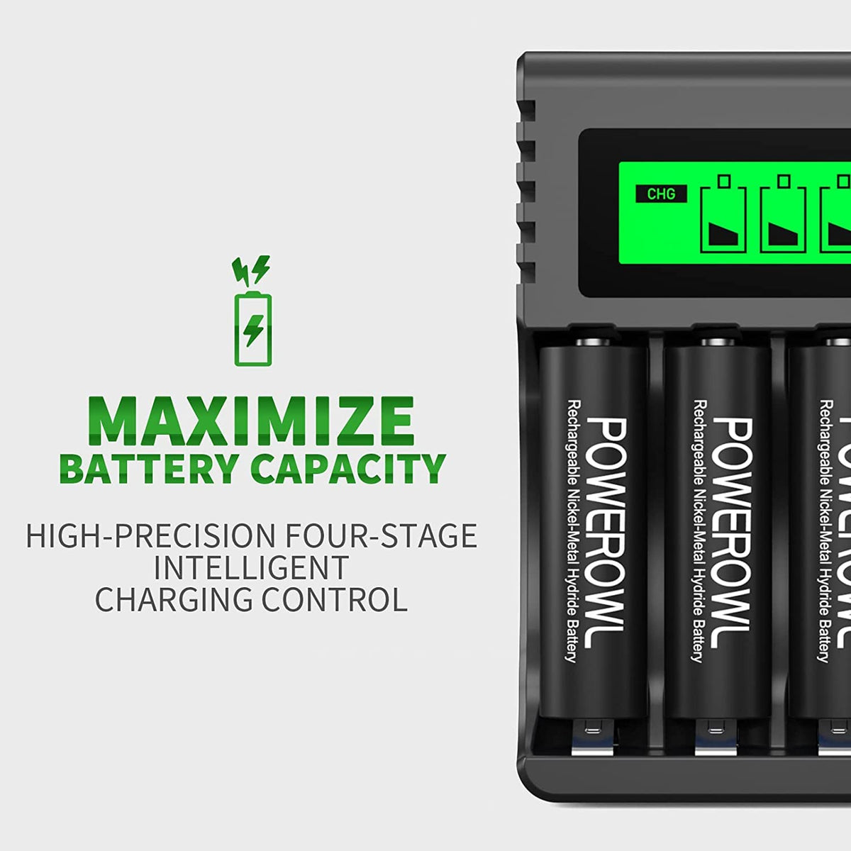 POWEROWL AA AAA Rechargeable Battery Charger, 4 Bay LCD