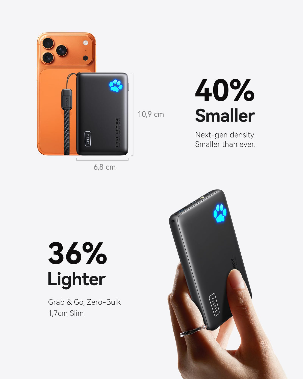 Iniu Compact Power Bank, 10000mAh, 45W, Detachable USB-C Cable
