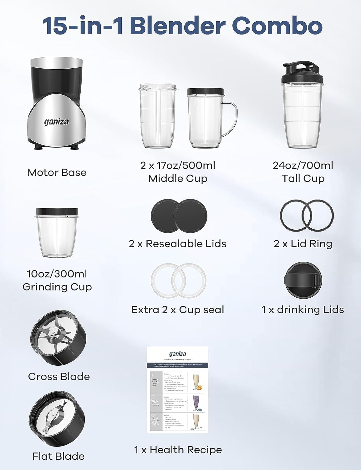 Ganiza Smoothie Blender and Grinder Combo, 15 Piece, 4 Cups