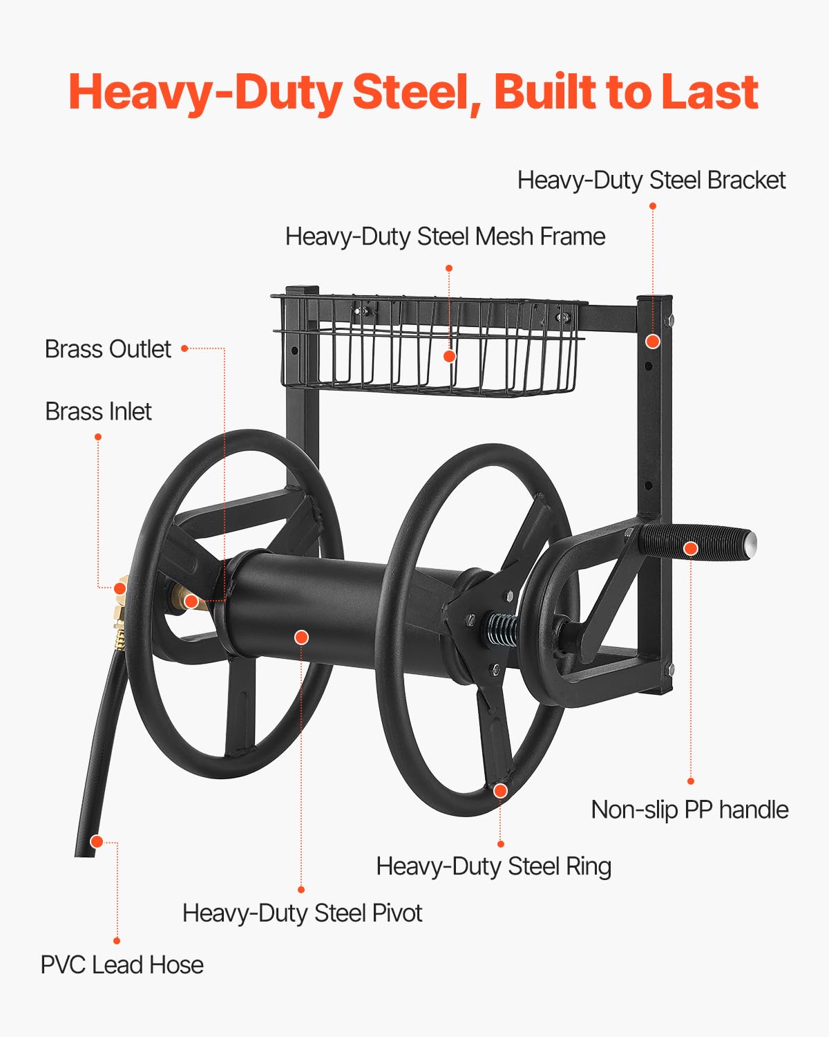VEVOR Wall Mounted Garden Hose Reel, 125 ft x 5/8-Inch Hose