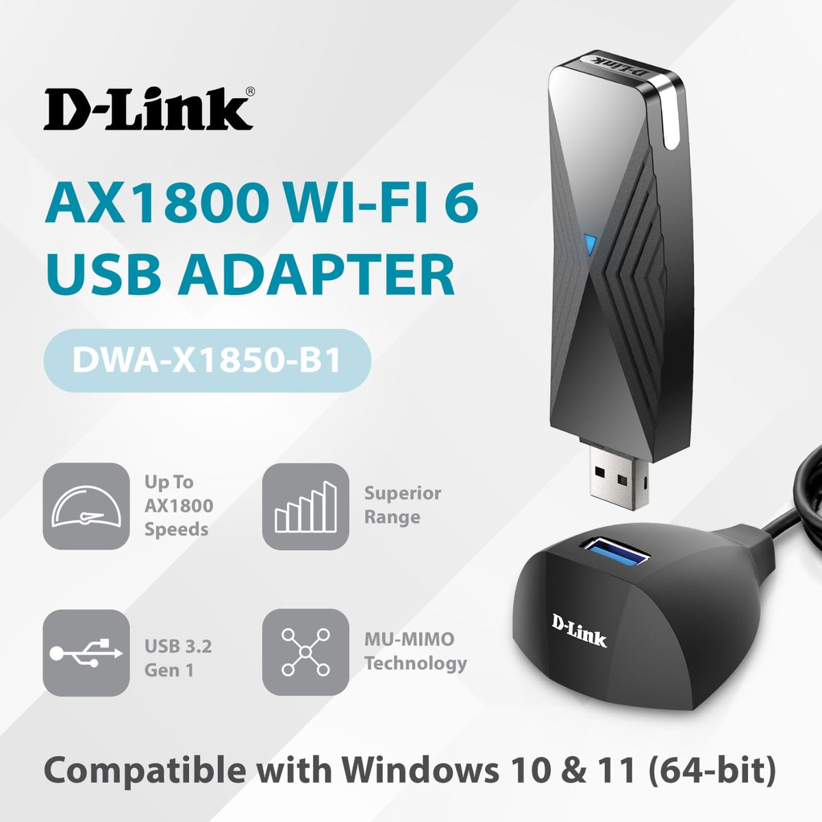 D-Link DWA-X1850-B1-CA USB WiFi 6 Adapter, AX1800, USB 3.0