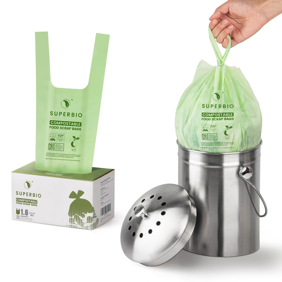 Superbio Compostable Food Scrap Bags, 6L, 50 Count