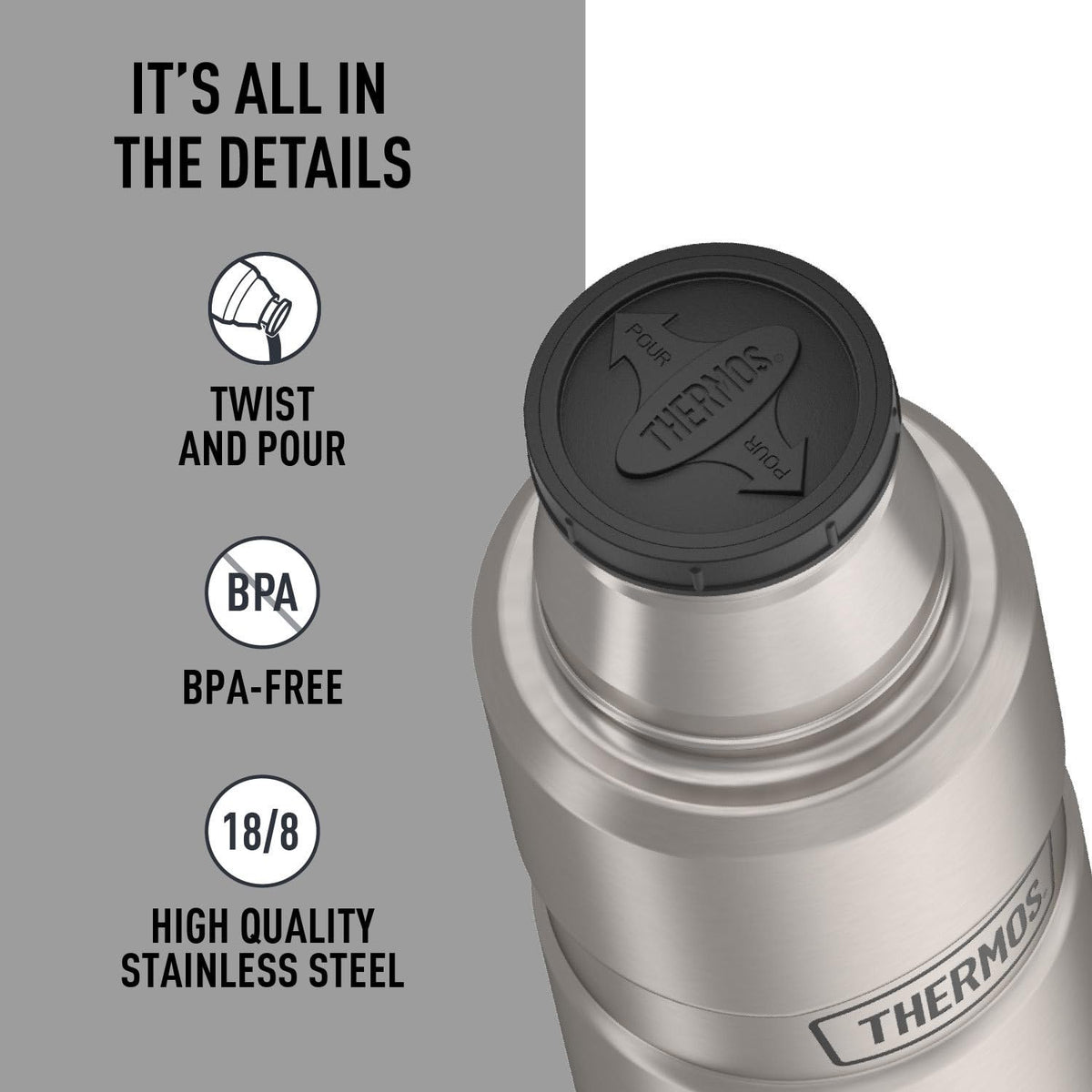Thermos Stainless King Beverage Bottle, Matte Steel, 16 oz