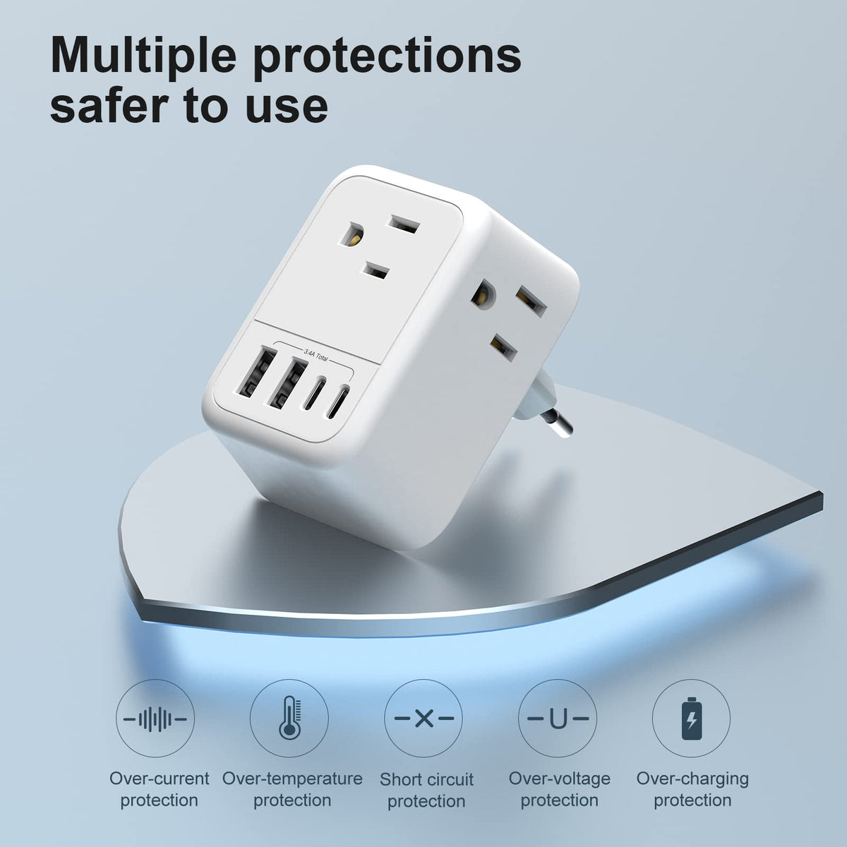 VYLEE Travel Plug Adapter, 4 AC Outlets, 4 USB Ports (2 USB C), 1 Pack
