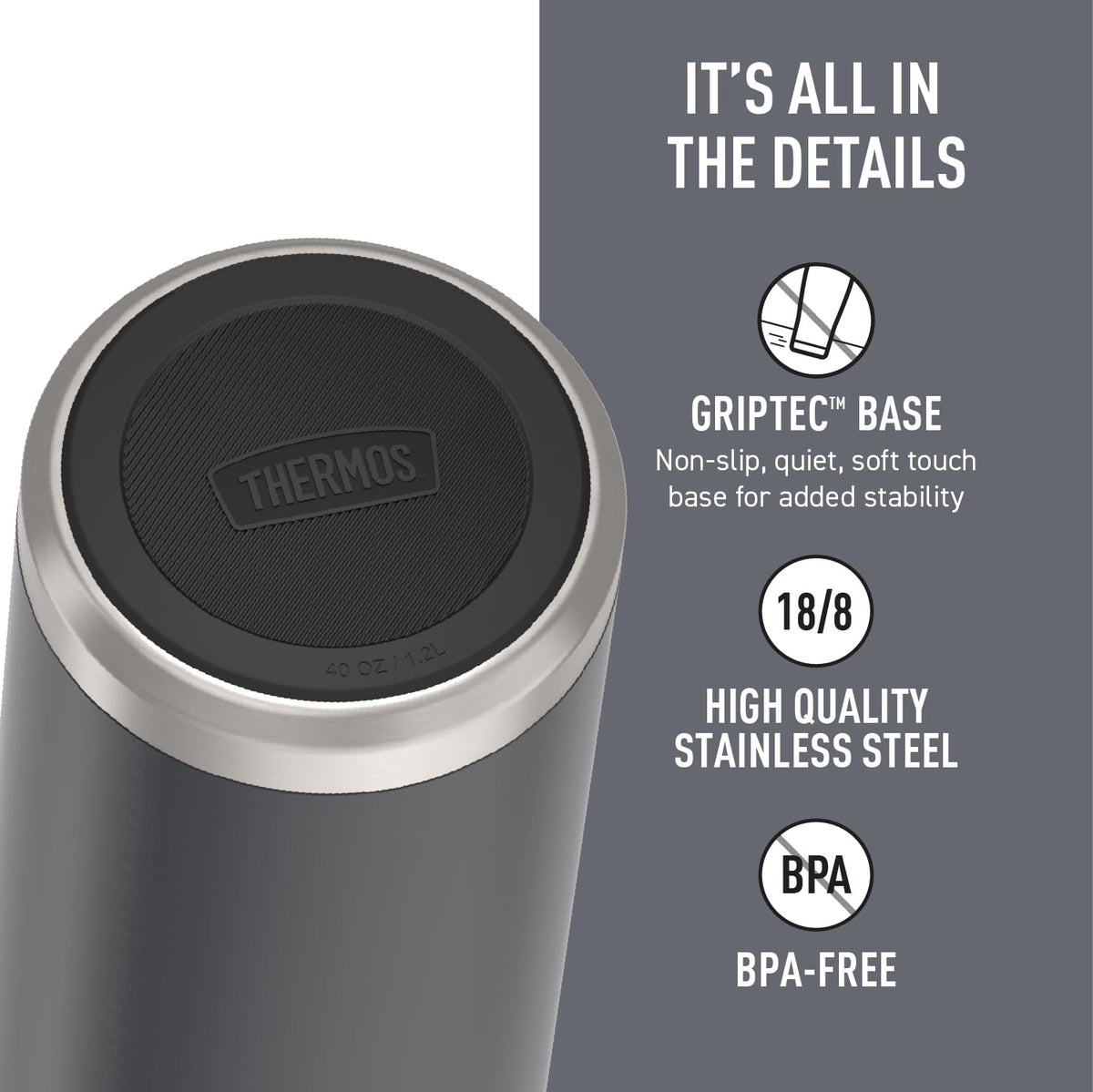 Thermos Icon Series Stainless Steel Beverage Bottle, Granite, 1.2 L