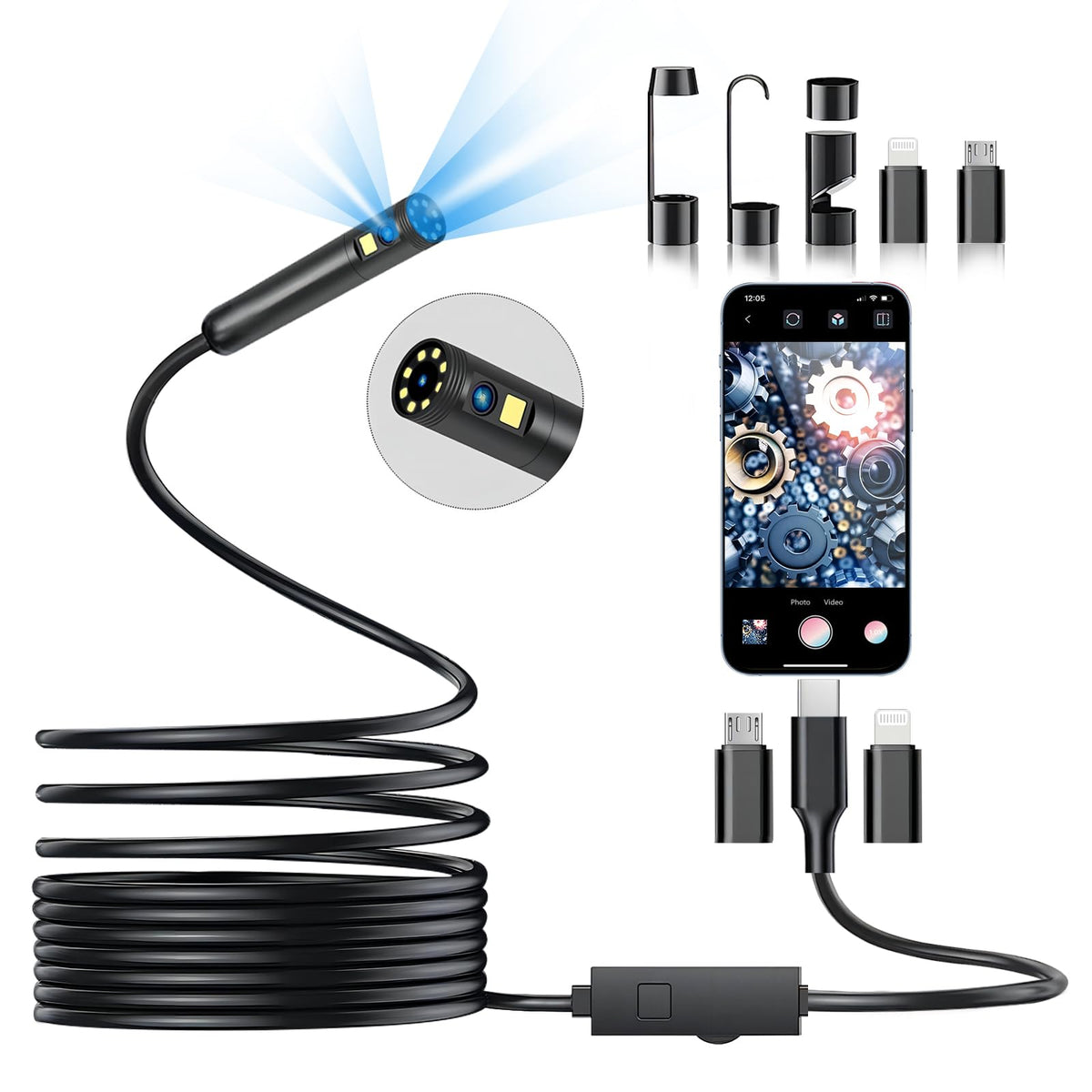 DPduct Dual Lens 1920P Endoscope Camera, 16.4 ft Semi-Rigid Cable