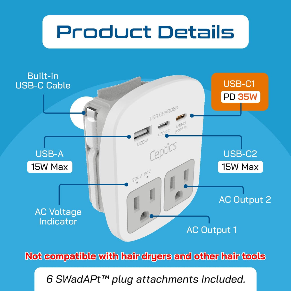 Ceptics World Travel Adapter Kit with 2 USB and 2 US Outlets, WPS-2B+
