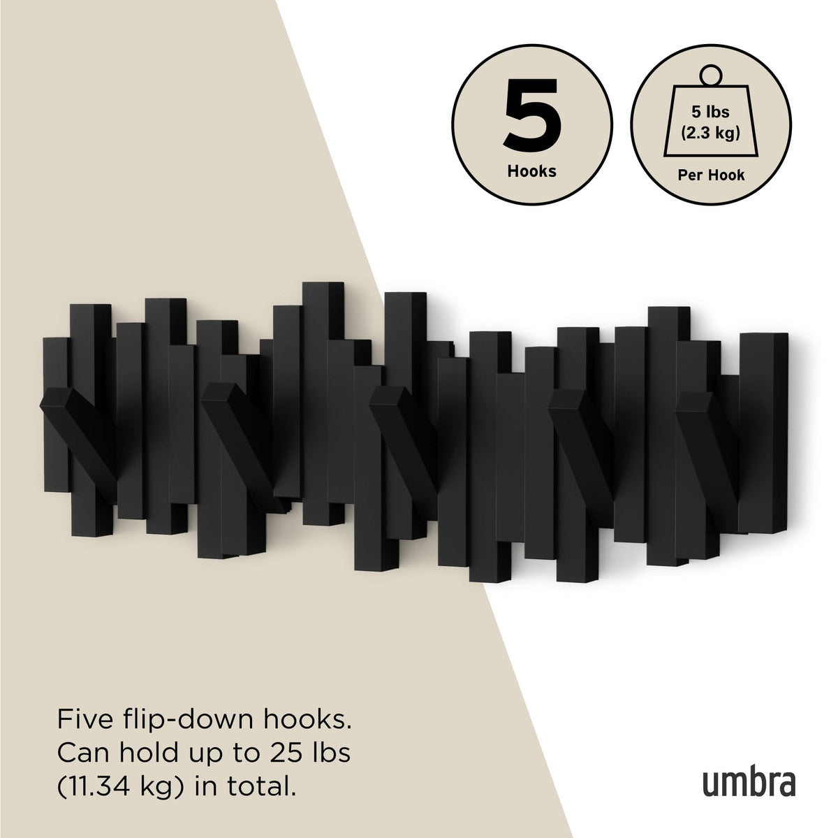 Umbra Sticks Wall-Mounted Coat Rack with 5 Retractable Pegs, Black