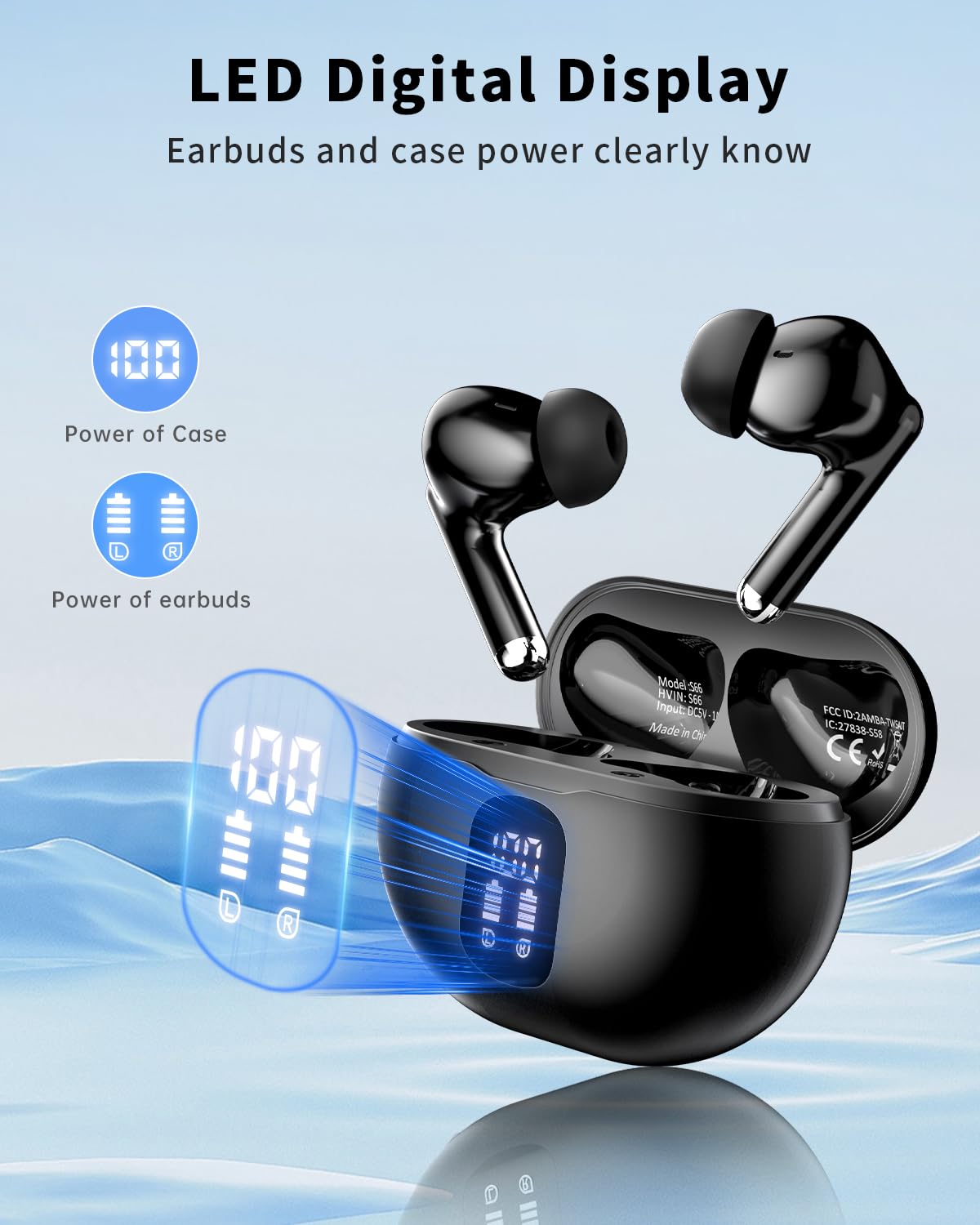 Bluetooth 5.4 Wireless Earbuds with LED Display, Carbon Black